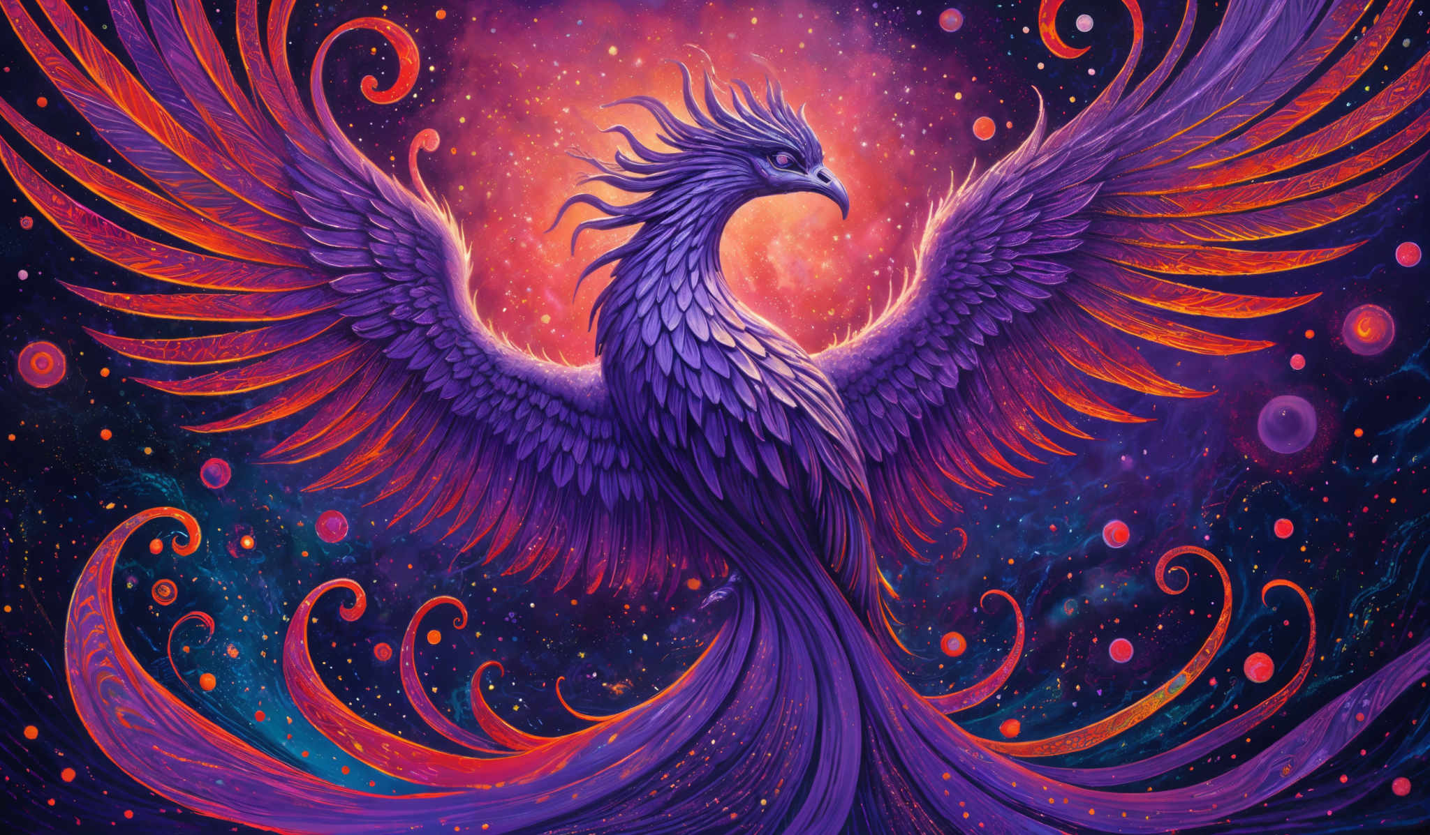 The image showcases a majestic, vibrant phoenix. The bird is depicted in a dynamic pose, with its wings spread wide, showcasing a blend of purple and orange hues. The feathers are intricately detailed, with a mix of deep purples and fiery oranges. The background is a cosmic setting with a deep blue and purple hue, dotted with bright orange stars and swirling patterns, giving the impression of a galaxy or nebula.