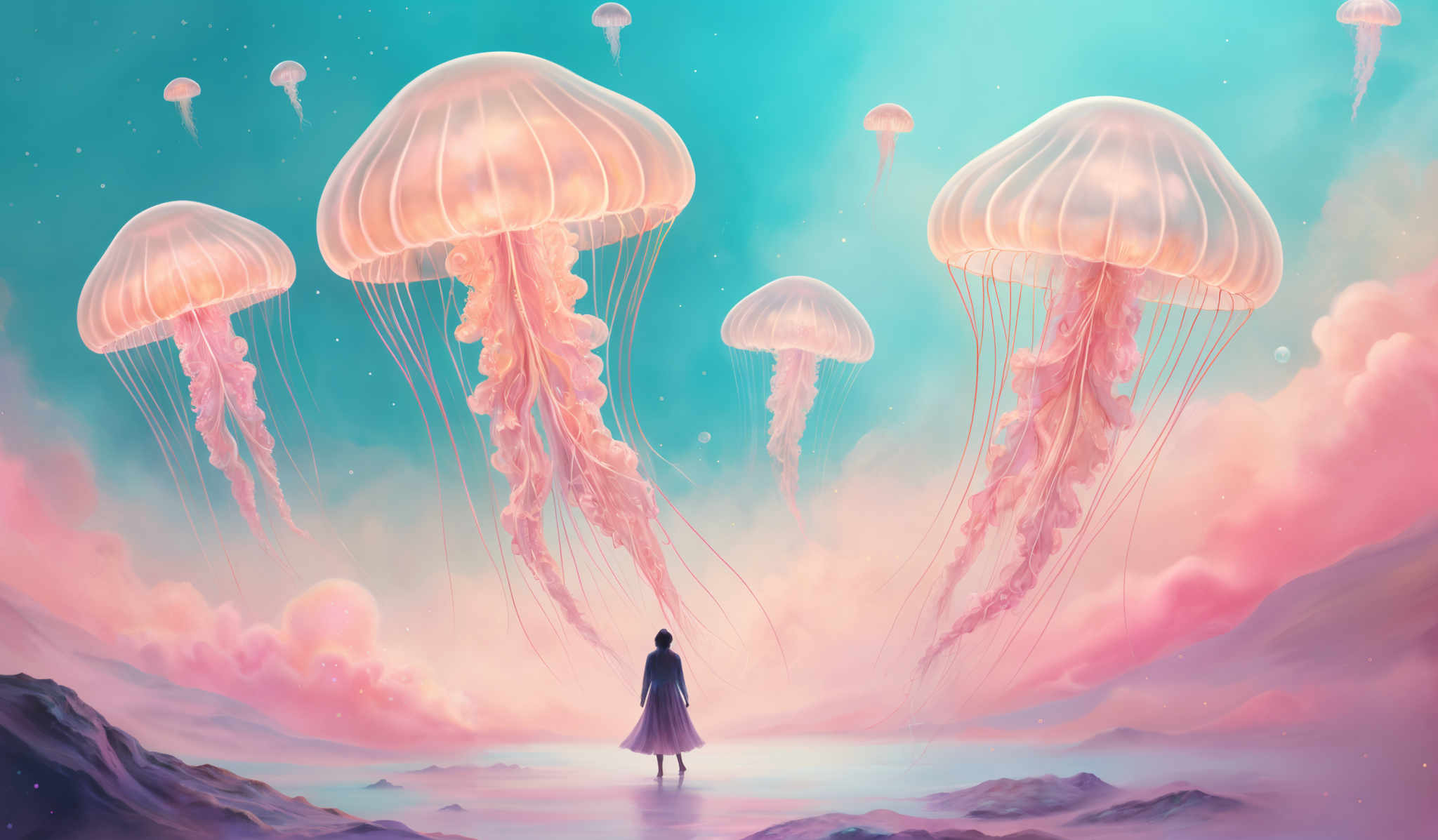 The image showcases a surreal and dreamy landscape. The dominant colors are shades of pink, blue, and turquoise. The sky is painted in a gradient of these colors, transitioning from a deep blue at the top to a soft pinkish hue near the horizon. Floating in the sky are large, translucent jellyfish with delicate, flowing tentacles. These jelly fish are illuminated from within, giving them a glowing appearance. On the ground, there's a silhouette of a lone figure, possibly a woman, standing and gazing up at the jellyfishing. The figure is draped in a long, flowy dress and appears to be at the edge of a body of water, with rocky formations visible in the foreground.