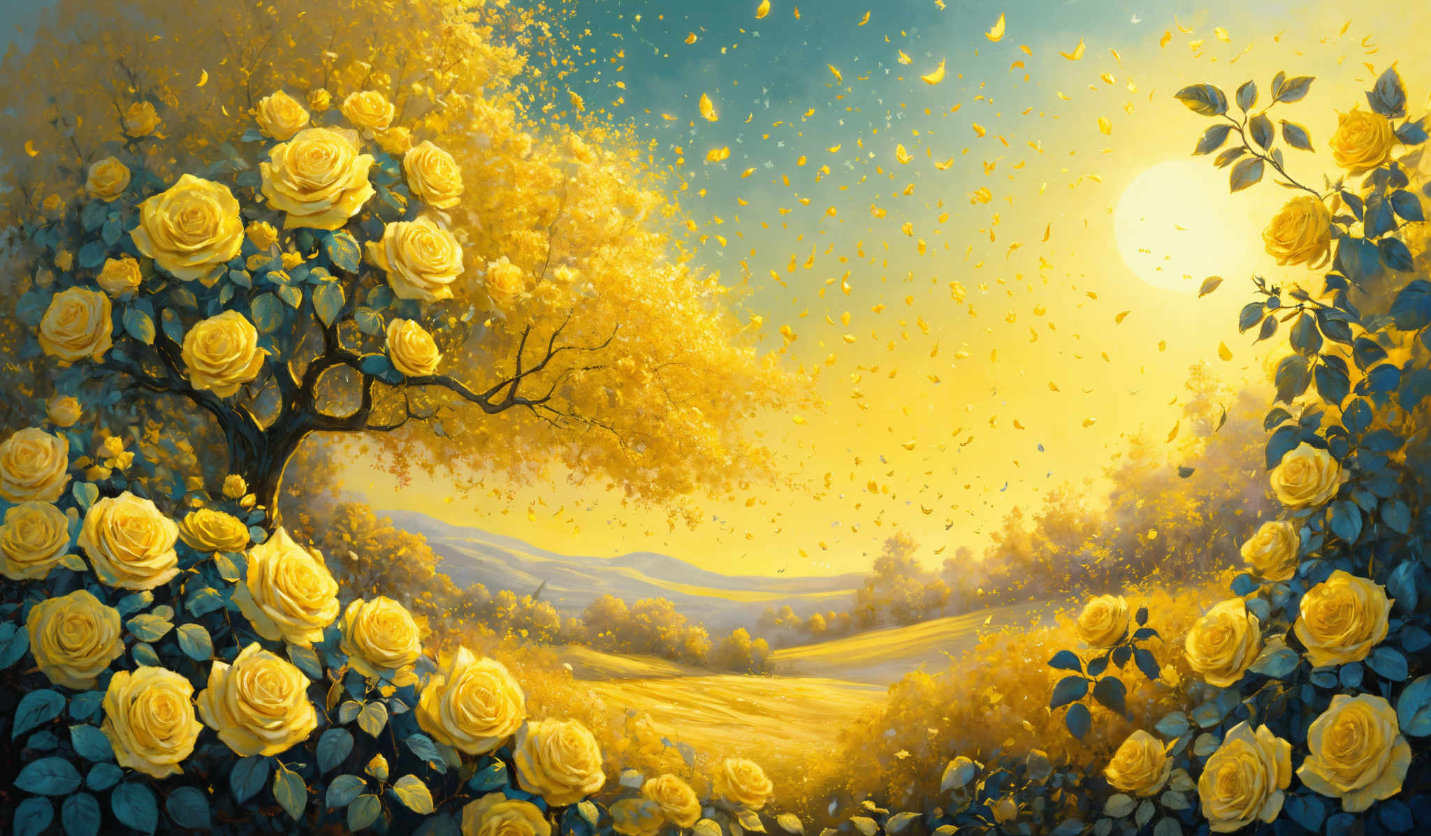 The image showcases a vibrant and picturesque landscape dominated by golden-yellow roses. The roses are intricately detailed, with their petals displaying a lustrous sheen. They are interspersed with dark green leaves. Above the roses, there's a tree with golden-brown foliage, which seems to be shedding its leaves, creating a cascade of yellow petals that fill the sky. The sky itself is a radiant shade of yellow, with a hint of blue, and is dotted with small, glowing particles that resemble fireflies or perhaps golden raindrops. In the distance, there are rolling hills and a serene body of water reflecting the golden hues of the sky and surroundings.