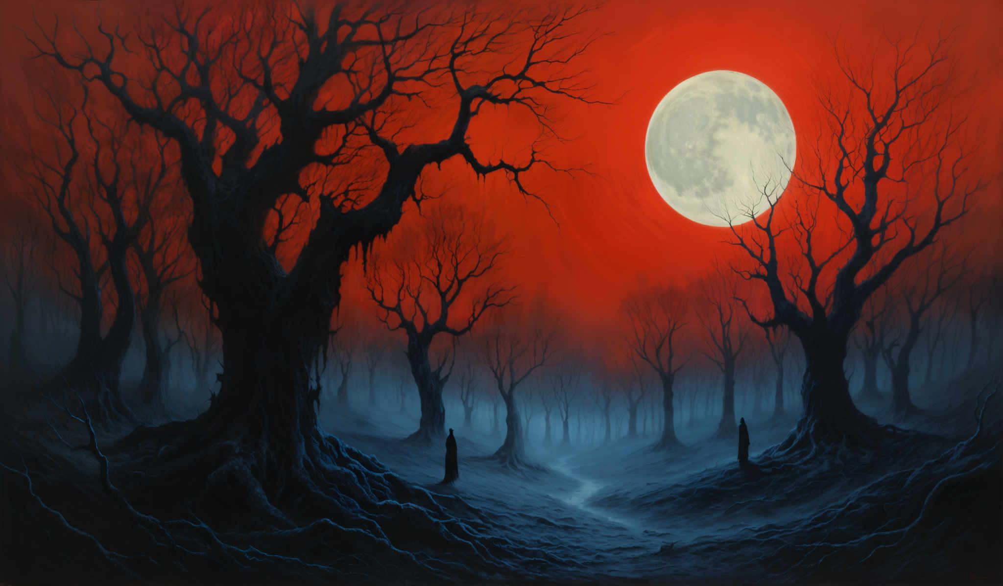 The image predominantly features a deep red hue, creating an eerie and mysterious atmosphere. The sky is filled with a large, luminous white moon, which contrasts starkly with the red backdrop. The foreground is dominated by twisted, gnarled trees with dark, intricate branches. The ground is covered in a blueish mist, giving the scene an otherworldly feel. There are also silhouettes of figures, possibly humans, scattered throughout the image, adding to the sense of mystery and scale.