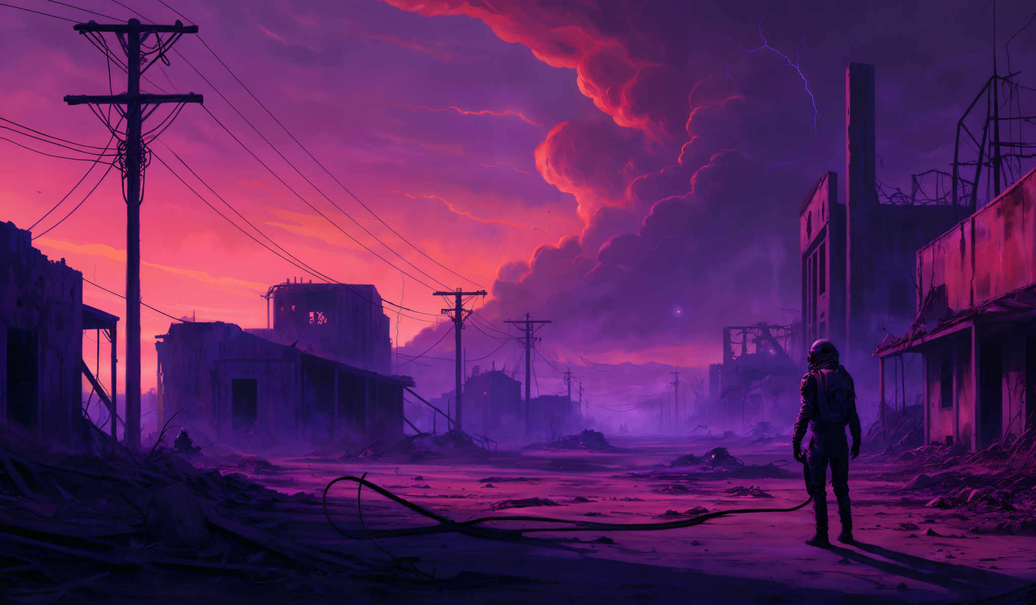 The image predominantly features hues of purple, pink, and orange, creating a dramatic and intense atmosphere. The sky is filled with billowing clouds that are tinged with these colors, suggesting either a sunset or sunrise. On the ground, there are remnants of buildings, debris, and rubble, indicating a post-apocalyptic or abandoned setting. Power lines run horizontally across the image, and a lone figure, possibly a person in protective gear, stands in the foreground, looking towards the horizon. The overall mood of the image is somber and contemplative.