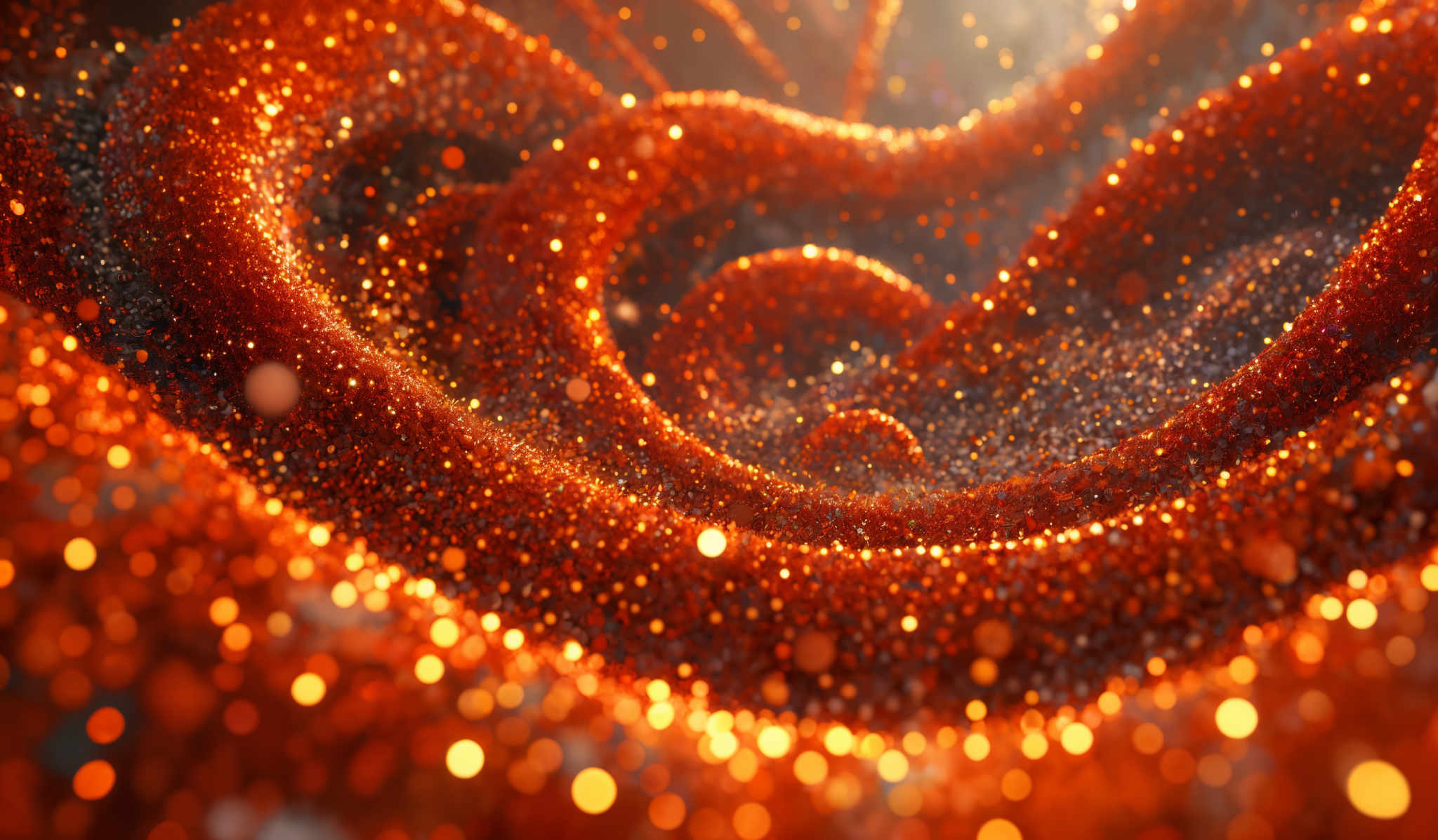 The image showcases a vibrant and mesmerizing swirl of particles, predominantly in shades of orange and gold. These particles appear to be glowing, giving the image a radiant and luminous quality. The swirls are intricate, forming loops and curves that seem to be in motion. The overall effect is reminiscent of a galaxy or a celestial phenomenon, with a sense of depth and dimension.