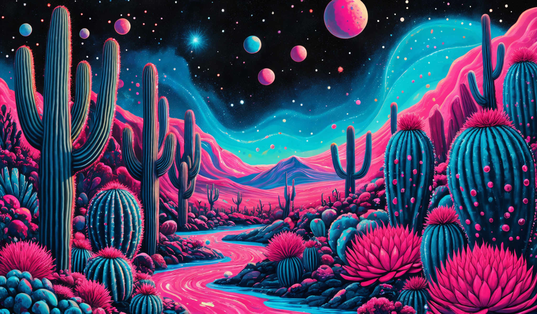 The image showcases a vibrant and colorful nighttime landscape dominated by cacti. The cactus shapes are tall and slender, with some having multiple arms. The colors are predominantly hues of pink, blue, and turquoise, creating a surreal and dreamy atmosphere. The sky is filled with multiple planets or moons of varying sizes, and there are bright stars scattered throughout. A winding river or stream flows through the center, reflecting the colors of the sky. The overall scene is both mystical and otherworldly.