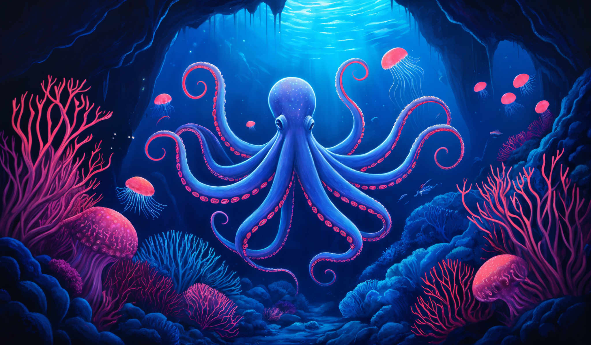 The image showcases a vibrant underwater scene. Dominating the center is a large octopus with a purple hue and intricate red patterns on its tentacles. Surrounding the octopus are various marine life forms, including jellyfish of different sizes and shapes, some of which are glowing in a pink hue. The background is a deep blue, representing the vastness of the ocean. The foreground features coral formations in shades of pink, purple, and blue, giving a sense of depth and dimension to the scene.