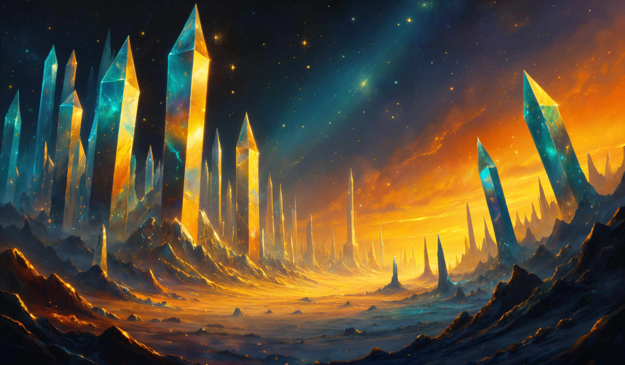 The image showcases a surreal landscape dominated by towering crystal structures that pierce the sky. These crystals are elongated and have a sharp, triangular shape. They are illuminated with a mix of blue and golden hues, suggesting they might be made of some magical or otherworldly material. The sky is a vibrant blend of deep blues and fiery oranges, with stars scattered throughout. The ground is rugged and rocky, with sharp peaks and valleys. The overall ambiance of the image is mystical and ethereal, evoking feelings of wonder and awe.