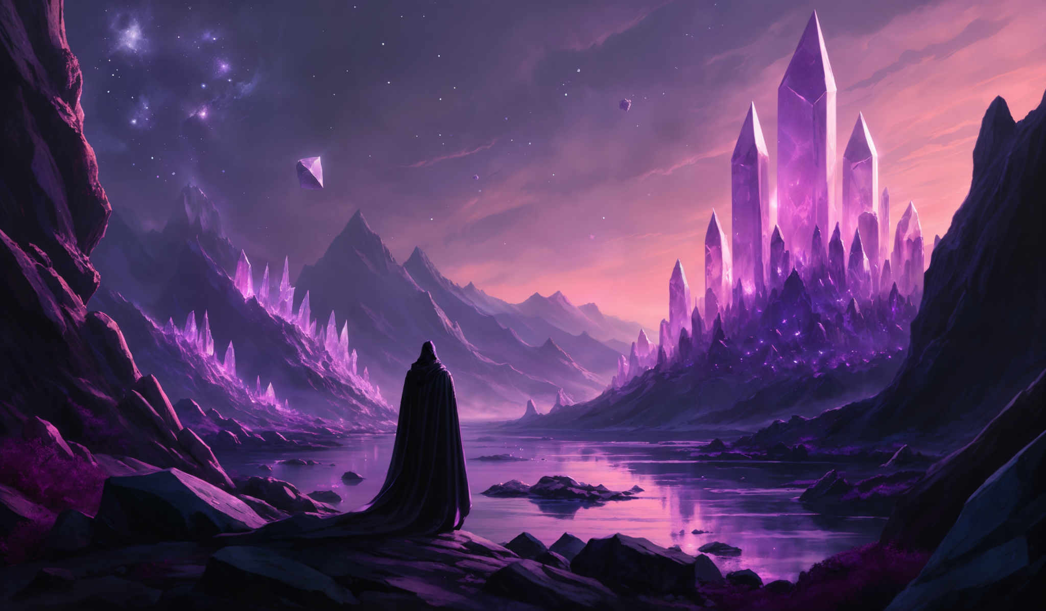 The image showcases a surreal landscape dominated by hues of purple and pink. There are towering crystal structures that glow with a luminescent purple light, contrasting against the darker rocky terrain. These crystals are shaped like sharp, elongated prisms, and they seem to be floating or embedded in the ground. The sky is filled with a mixture of stars and nebulous clouds, adding to the mystical ambiance. In the foreground, there's a silhouette of a figure, possibly a traveler or explorer, standing on a rocky outcrop, looking towards the glowing crystalline structures.