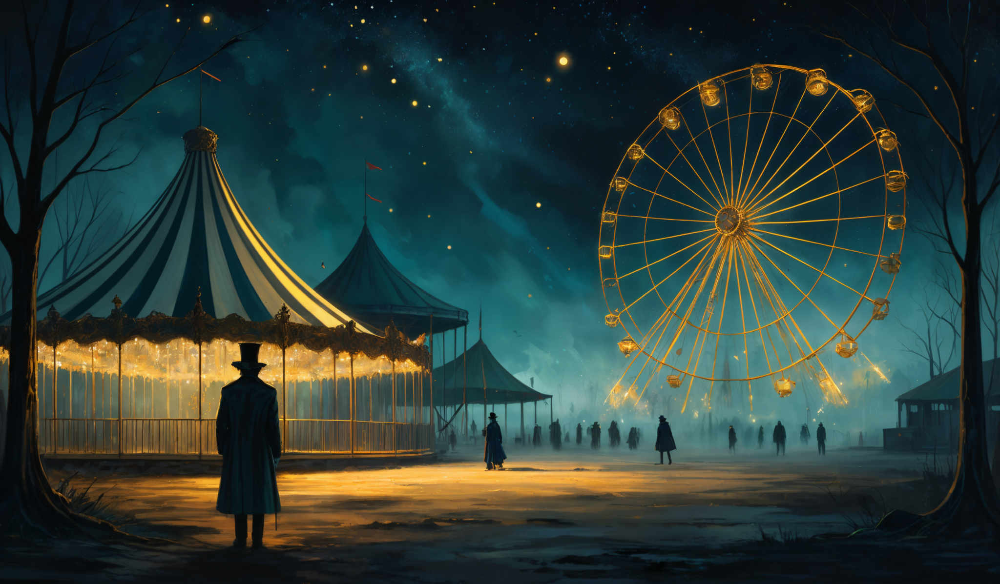 The image showcases a nighttime setting with a deep blue sky dotted with stars. There's a large ferris wheel with golden spokes and cabins, illuminated by a warm yellow light. To the left, there's an ornate carousel with horses and other decorative elements. A silhouette of a man in a top hat stands in the foreground, looking towards the ferrish wheel. There are several other figures in the background, some walking and others standing, adding to the ambiance of the carnival or fairground. The ground is wet, possibly after a rain, and there are bare trees on the right side, adding a sense of eeriness to the scene.