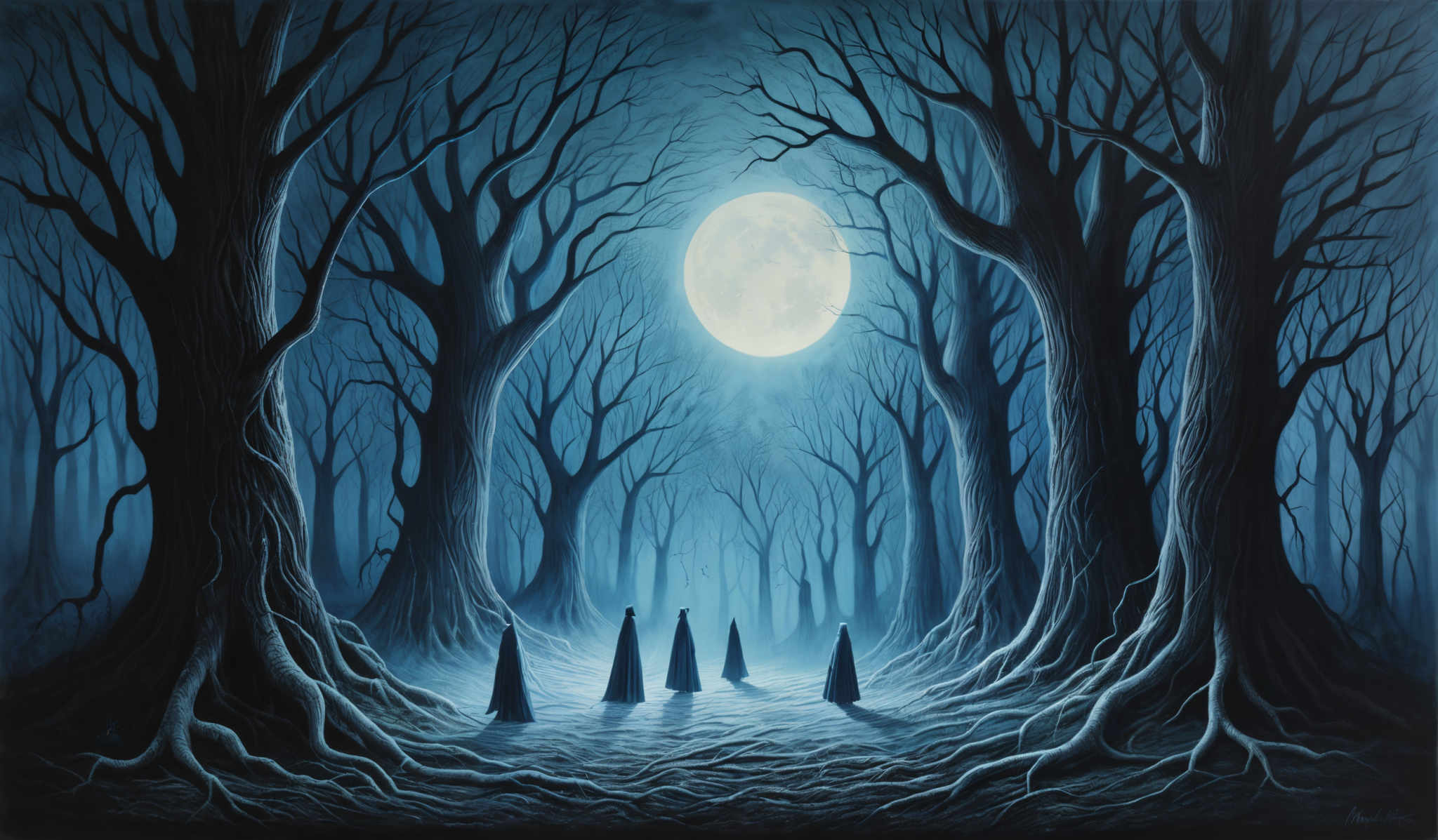 The image predominantly features shades of blue and white. The trees have twisted, gnarled branches that stretch upwards, creating a canopy that almost encloses the scene. The ground is covered with a thick layer of leaves or snow, giving it a textured appearance. A large, luminous moon is visible in the background, casting a soft glow over the entire scene. In the foreground, there are several hooded figures standing in a circle, their silhouettes contrasting against the bright moonlight.