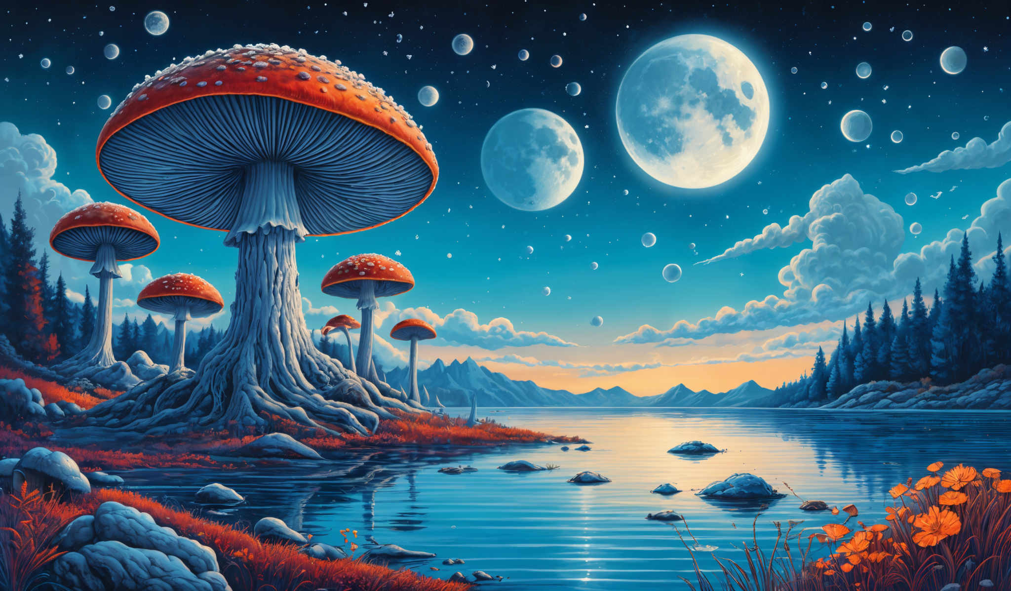 The image showcases a vibrant and surreal landscape. Dominating the scene are large, vividly colored mushrooms with red caps and blue-tinted stems. These mushroom structures are set against a backdrop of a starry night sky with multiple moons of varying sizes. The landscape features a serene lake reflecting the mushrooms and the celestial bodies. On the horizon, there are mountains and a sunset or sunrise, casting a warm orange glow. The foreground is adorned with rocks, flowers, and a few small creatures that appear to be frolicking around.