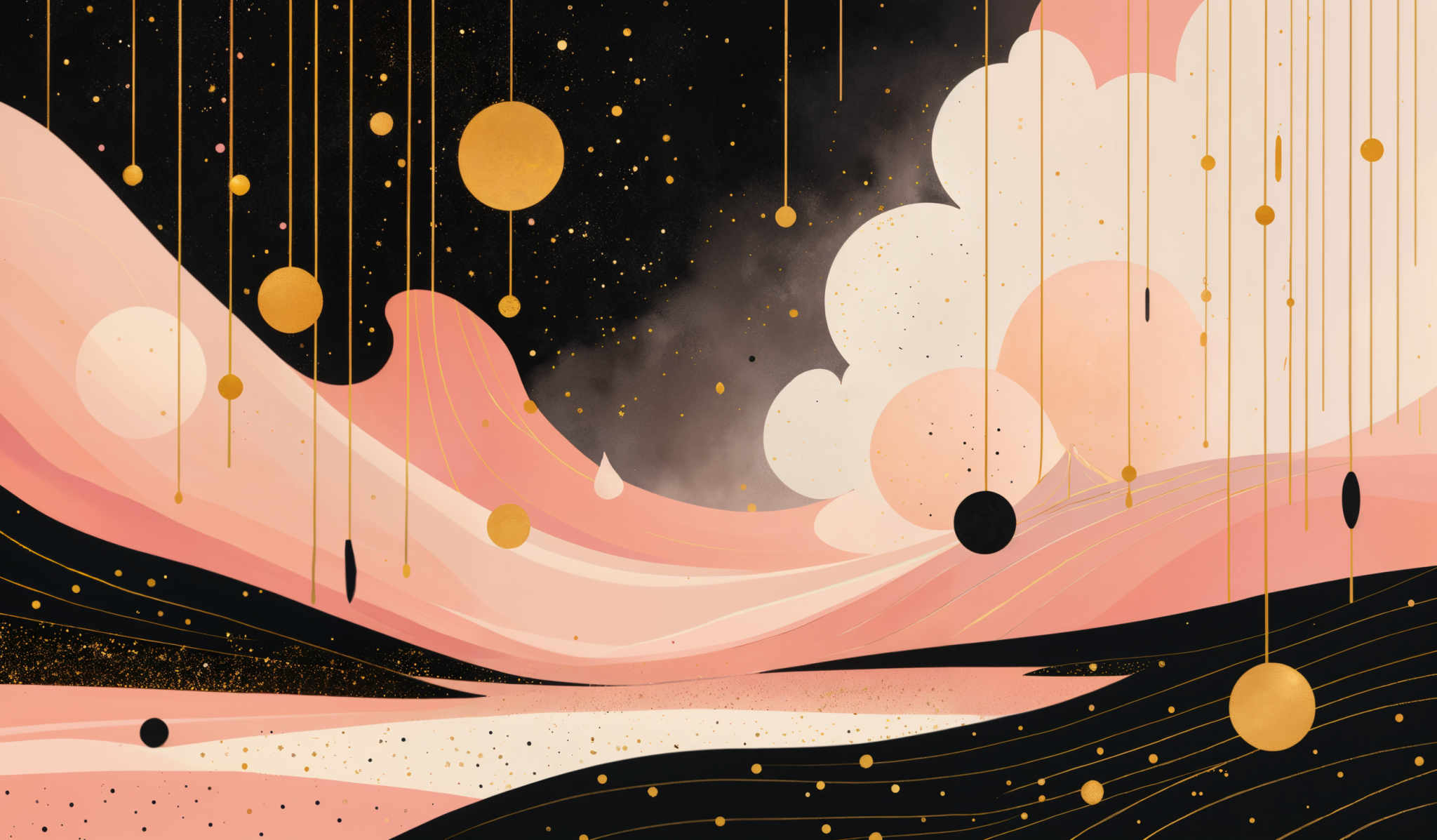 The image showcases a vibrant and abstract landscape. It predominantly features shades of pink, black, and gold. The top portion is dark, resembling a night sky filled with stars and golden spheres. These spheres are suspended by thin golden lines, giving the impression of falling or floating. The middle section presents wavy pink and white forms, reminiscent of hills or mountains. The bottom portion is a mix of dark and light pink with gold speckles, suggesting a reflective surface, perhaps a body of water or a glossy plain.