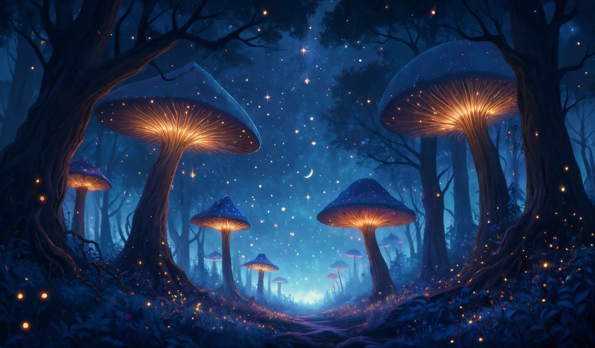 The image showcases a mystical forest scene at night. Dominating the scene are large, illuminated mushrooms that appear to be glowing from within. These mushroom caps are large and have a dome-like shape, with glow-in-the-dark patterns on them. The stems of the mushrooms are thick and brown, and they are surrounded by a dense foliage of blue-tinted plants. The background is filled with a deep blue sky dotted with stars, and there's a crescent moon visible. The entire scene is bathed in a soft, ethereal light, creating a dreamy and magical atmosphere.