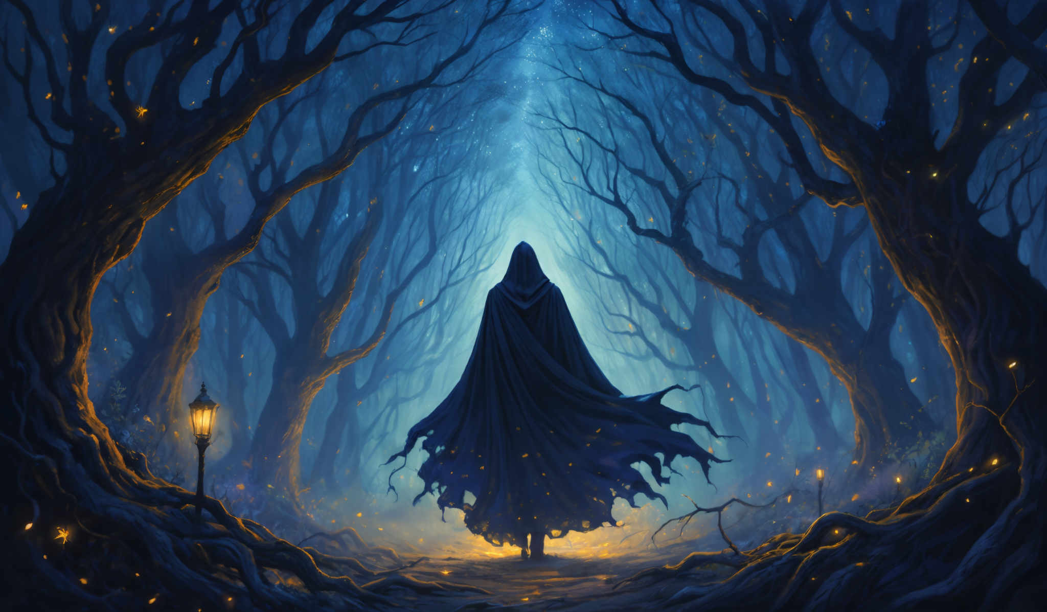 The image predominantly features shades of blue and black, creating a mysterious and ethereal atmosphere. The trees in the background are dark, with gnarled branches reaching out in various directions. The ground is covered with what appears to be fallen leaves or petals, illuminated by a soft, golden light. A lone figure, draped in a cloak, stands in the center, facing away from the viewer. The figure's silhouette is accentuated by the light, giving a sense of depth and dimension. The overall scene is enchanting, with the interplay of light and shadow creating a sense wonder and intrigue.