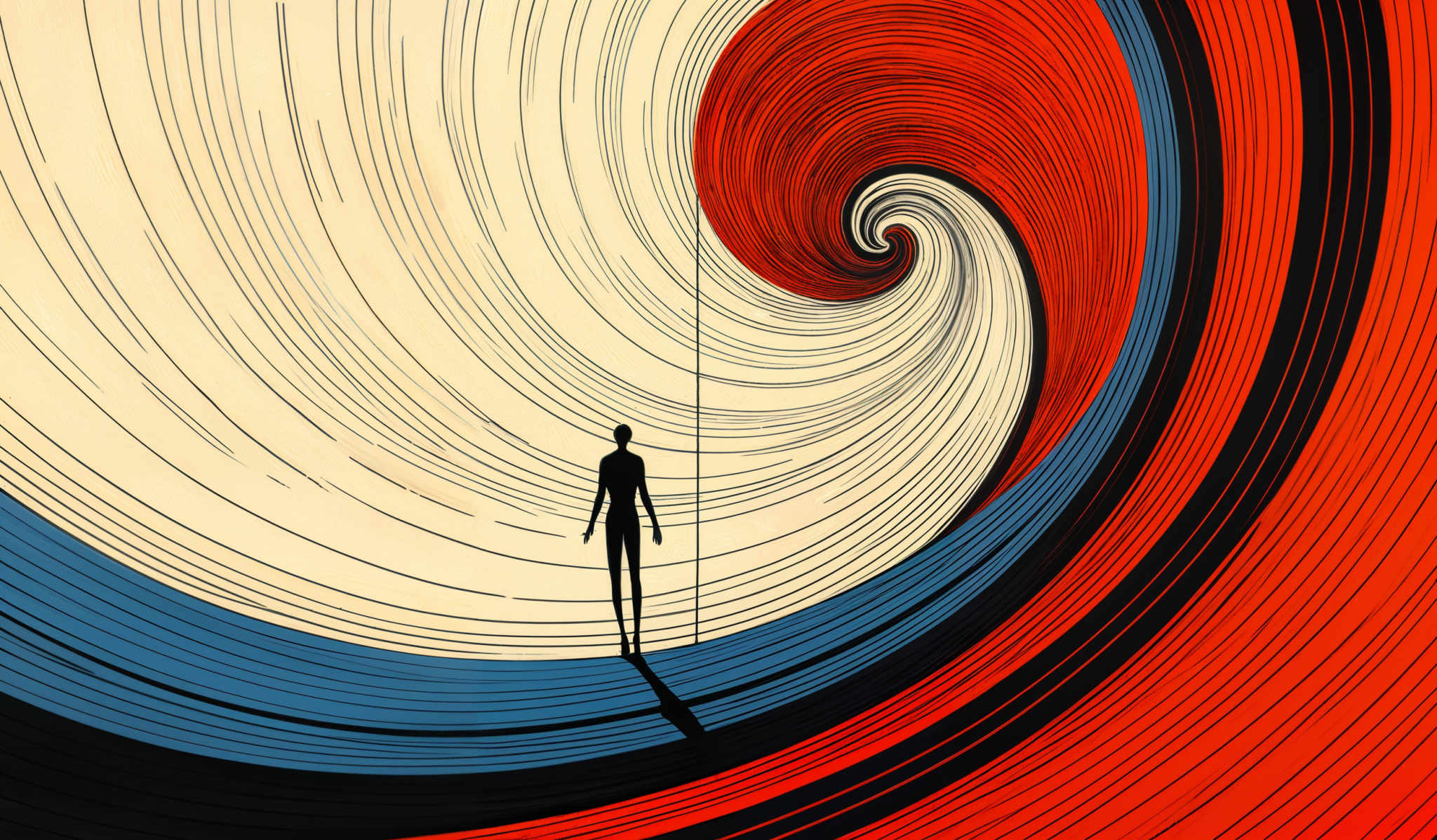 The image showcases a vibrant and intricate design with swirling patterns. The dominant colors are red, white, and blue. The swirls are symmetrical and appear to be made of concentric circles, with each circle having a unique pattern. At the center of the image, there's a silhouette of a person standing, seemingly observing the swirls. The person's shadow is cast on the surface, adding depth to the image and emphasizing the person'sm presence.