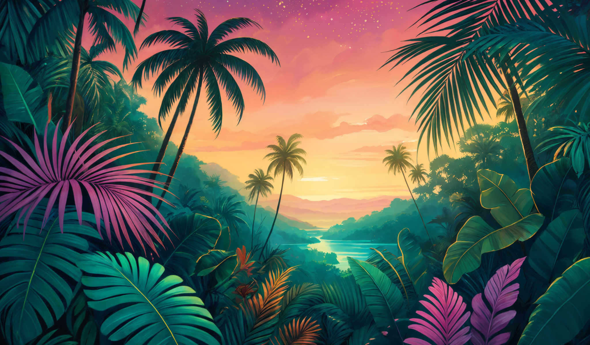 The image showcases a vibrant tropical landscape during sunset or sunrise. The sky is painted in hues of pink, orange, and purple, with a few stars visible. The foreground is dominated by lush green foliage, including palm trees, ferns, and other tropical plants. The plants have various shapes, with some having long, slender leaves and others displaying broader, fan-like leaves. The colors are rich and varied, with the green of the plants contrasting beautifully against the warm tones of the sky.