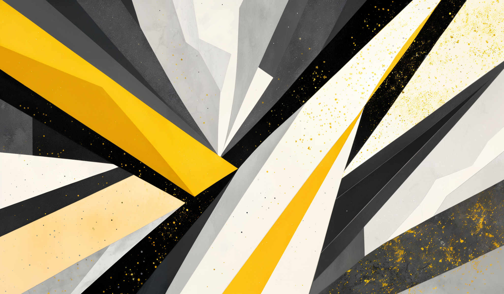 The image showcases a geometric abstract design. It predominantly features sharp angles and intersecting lines in a combination of black, white, and yellow. The yellow lines appear to be radiating outwards from a central point, creating a dynamic and energetic feel. The background has a textured appearance with speckles of gold, adding depth and a touch of luxury to the design.