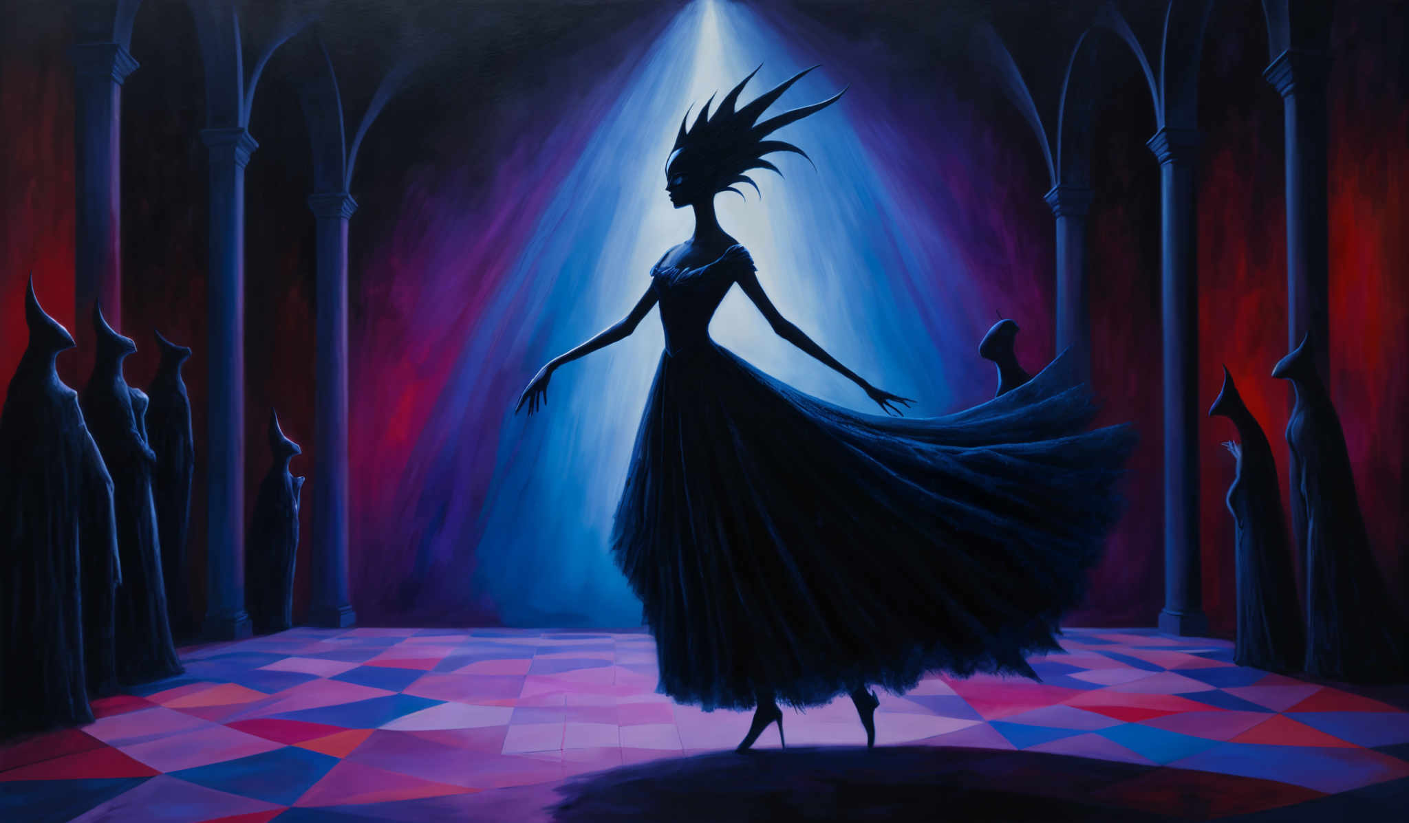 The image showcases a surreal scene set in a dimly lit room with tall arches. The dominant colors are deep reds, purples, and blues. The central figure is a tall, slender woman with a unique headdress that resembles a crown or a crest. She is wearing a flowing black dress that billows around her as she dances or moves. The room has a checkered floor with alternating red and blue tiles. On the left side, there are shadowy figures that appear to be observing the central woman. The overall mood of the image is mysterious and ethereal.