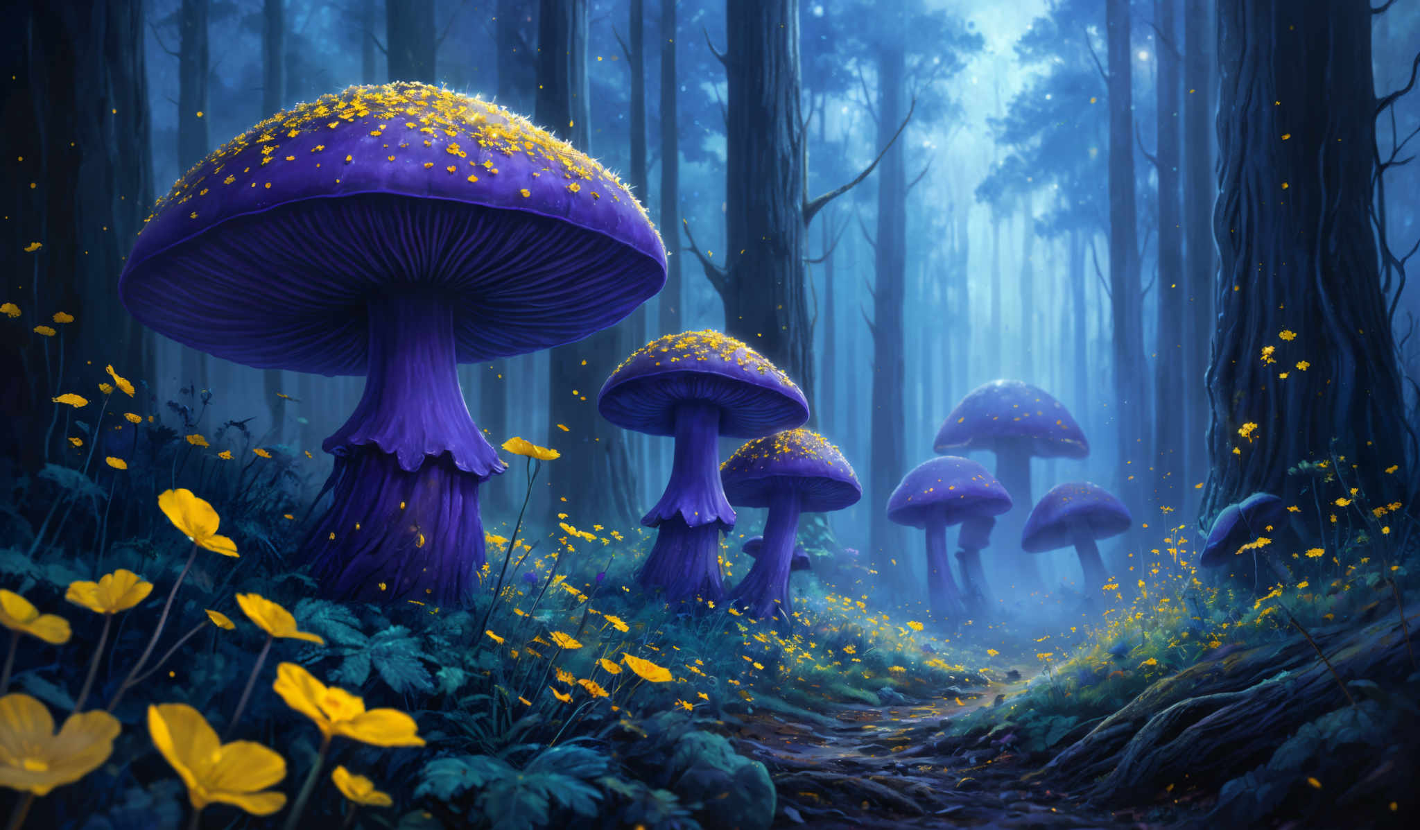 The image showcases a mystical forest setting with tall, slender trees that seem to be enveloped in a misty atmosphere. Dominating the foreground are large, vibrant purple mushrooms with golden spots on their caps. These mushroom caps are shaped like umbrellas and have a slightly curved top. The mushrooms are surrounded by a variety of flora, including yellow flowers and green foliage. The entire scene is bathed in a soft blue light, giving it a dreamy and ethereal quality.