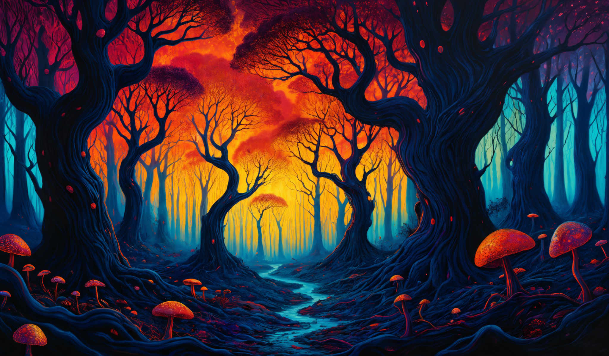 The image showcases a vibrant and surreal forest scene. The dominant colors are deep blues, fiery reds, and warm yellows. The trees have gnarled and twisted trunks, and their canopies are filled with a fiery, orange-red hue, giving the impression of a sunset or sunrise. The ground is covered with large, orange mushrooms, and there's a meandering blue stream or river that runs through the center. The overall atmosphere is mystical and dreamlike.