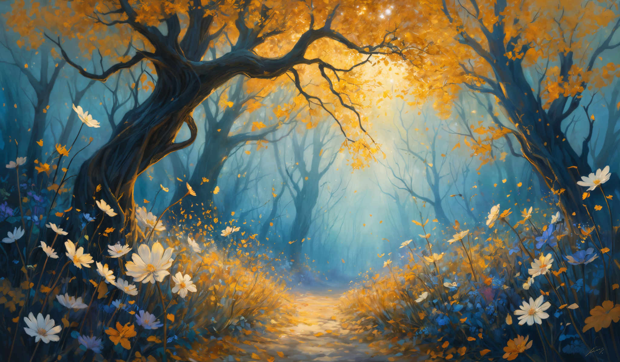 The image showcases a beautiful forest scene during autumn. Dominating the foreground is a large, twisted tree with gnarled branches. Its leaves are a vibrant shade of orange, contrasting with the deep blue of the surrounding forest. The ground is covered with fallen leaves, and a pathway leads through the forest. Along the pathway, there are white and blue flowers, adding a splash of color to the scene. The background is slightly misty, giving the forest a mysterious and ethereal quality.