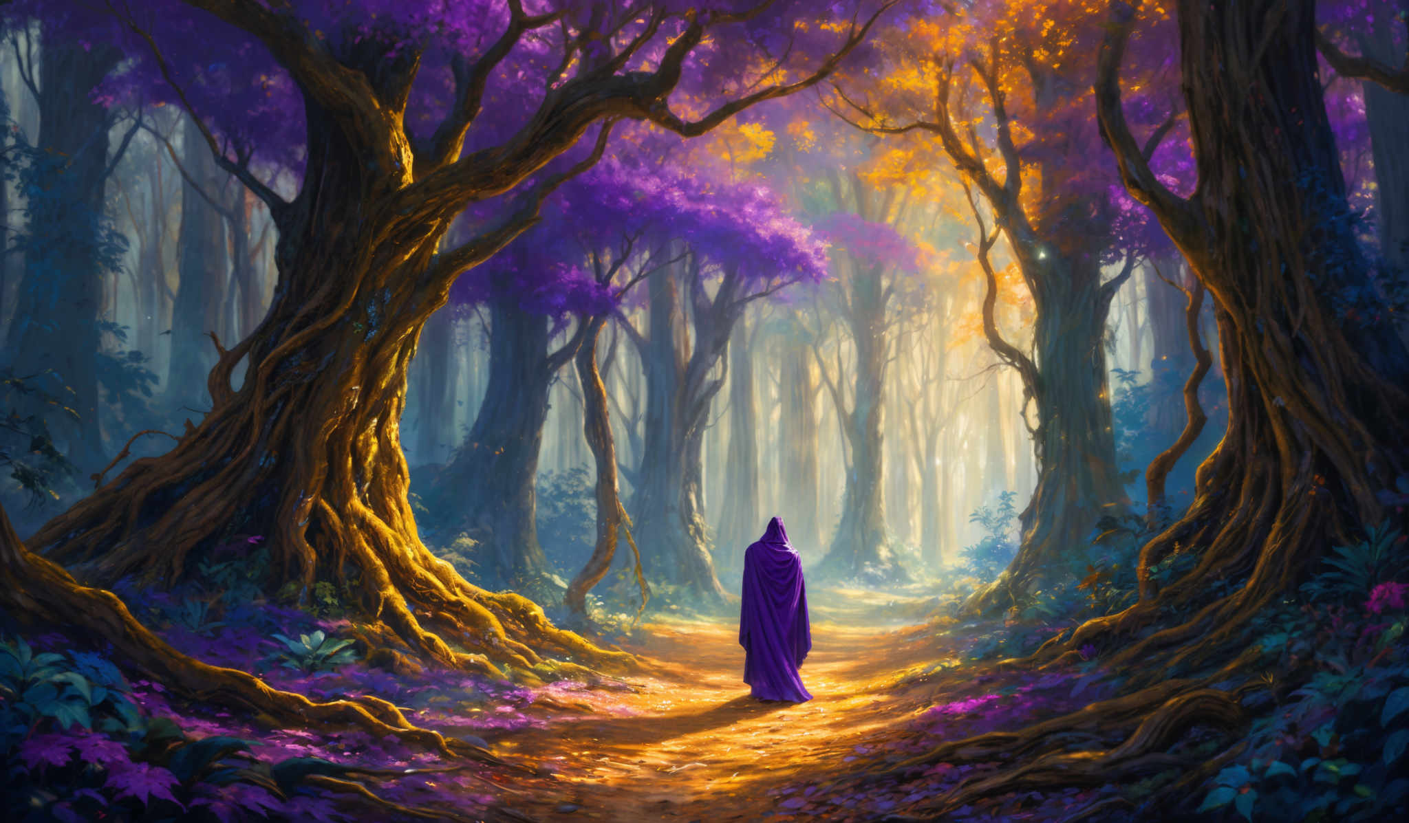 The image showcases a vibrant and mystical forest. The dominant colors are shades of purple, gold, and blue. The trees have twisted and gnarled trunks, and their canopies are adorned with purple and gold leaves, giving the impression of a magical or otherworldly setting. The ground is covered with a mix of purples, blues, and greens, suggesting a variety of flora. A golden pathway leads through the forest, and a lone figure draped in a purple robe stands at the beginning of this path, looking into the distance.