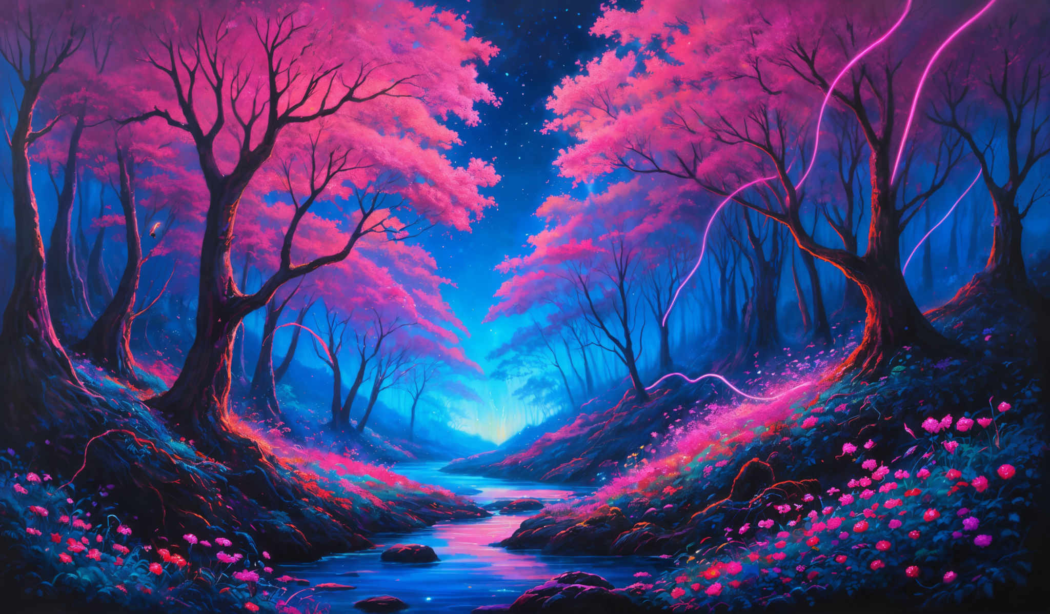 The image showcases a vibrant and surreal forest scene. The dominant colors are shades of blue, pink, and purple. The trees have a unique, almost otherworldly appearance with their branches stretching out in various directions. The ground is covered in a carpet of pink and purplish flowers, and there's a serene blue river flowing through the center. The sky above is a deep blue, dotted with stars, and neon-like streaks of pinks and purples crisscross the scene.