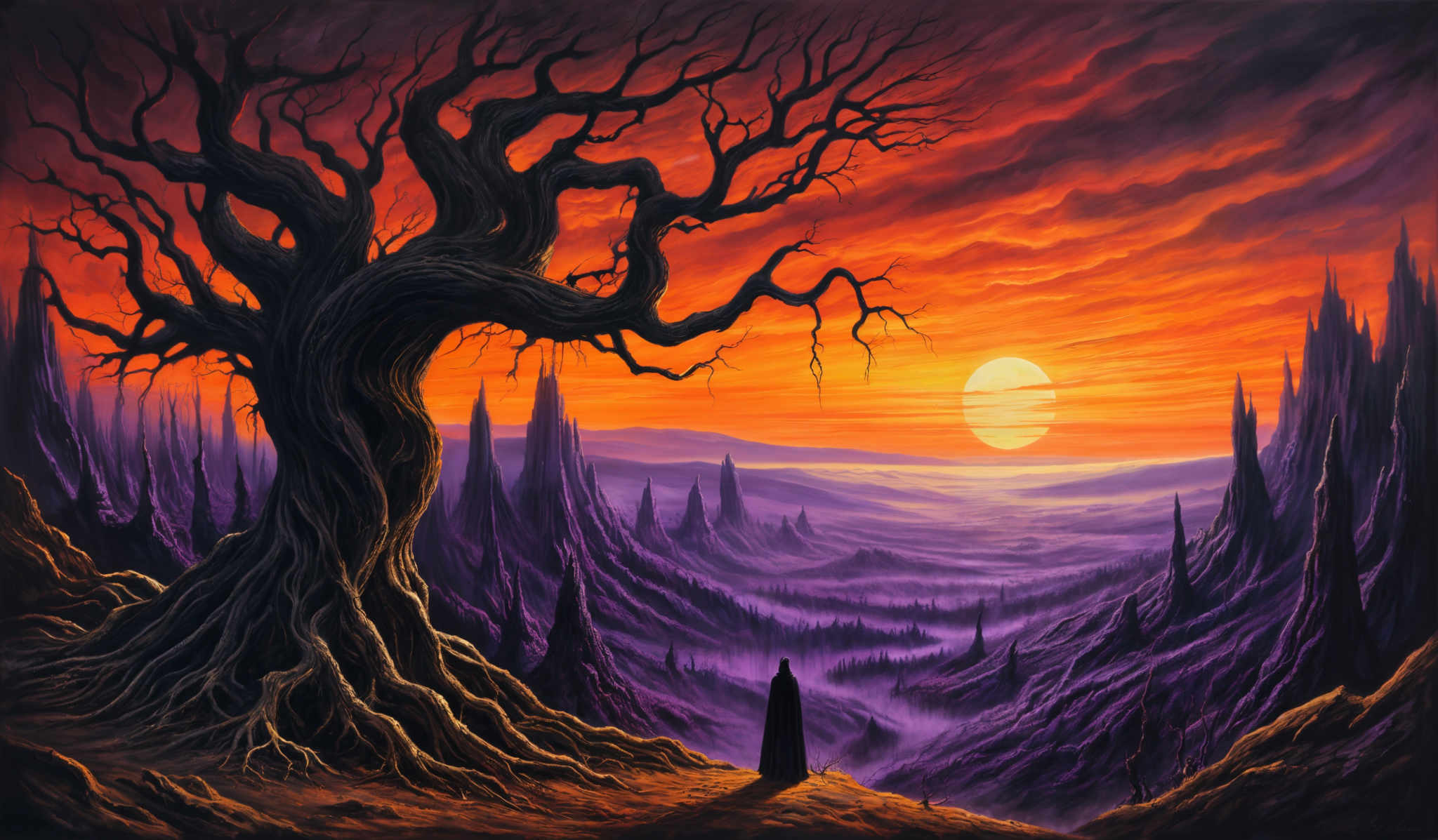 The image showcases a vibrant and dramatic landscape. Dominating the foreground is a large, twisted, and gnarled tree with dark, intricate roots extending outward. The tree's branches are sprawling and seem to reach out in all directions. The background reveals a vast expanse of jagged rock formations and spires, all bathed in hues of purple and blue. Above, the sky is ablaze with fiery reds and oranges, suggesting either a sunrise or sunset. A lone figure stands at the base of the tree, gazing into the distance, adding a sense of scale and contemplation to the scene.