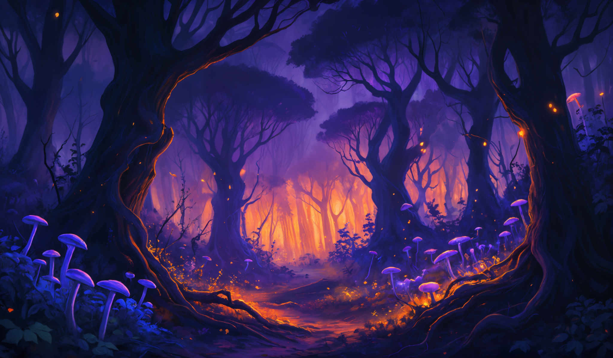 The image showcases a vibrant and mystical forest scene. The dominant colors are shades of purple, blue, and orange. The trees have a twisted and gnarled appearance, with their branches reaching out in various directions. The ground is covered with a variety of flora, including large mushrooms that glow with a soft light. There are also small fireflies or luminescent orbs scattered throughout the scene, adding to the enchanting ambiance. The background reveals a dense canopy of trees, with a warm, golden glow emanating from behind, suggesting a setting or rising sun.