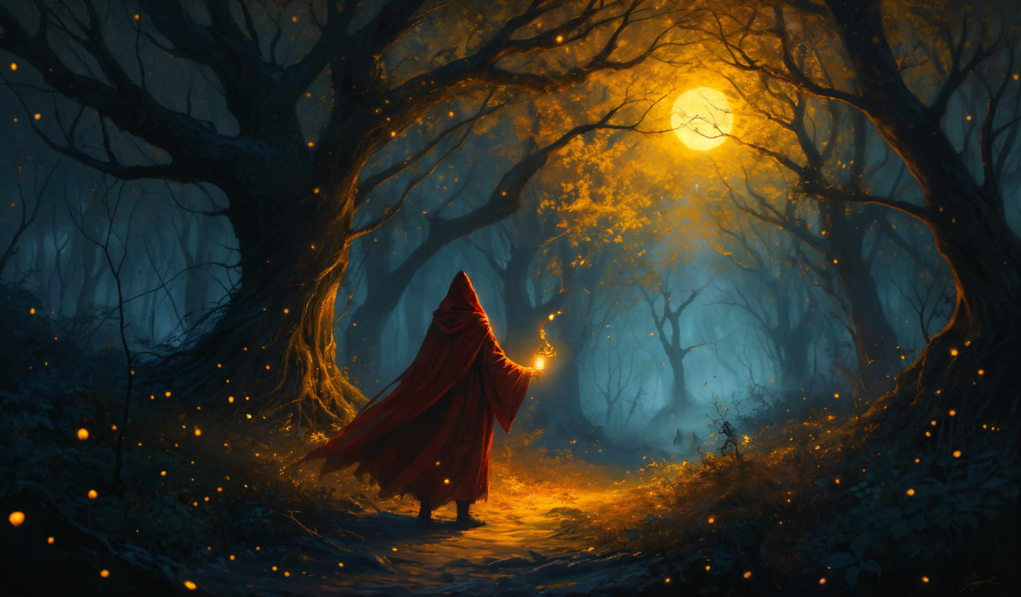 The image showcases a mystical forest scene with a dominant blue hue, giving it a serene and ethereal feel. The trees are tall and have gnarled branches, and their leaves are illuminated by a radiant yellow light, possibly from the moon or some other celestial body. The ground is covered with fallen leaves, and there are glowing orbs scattered throughout, adding to the magical ambiance. In the foreground, a figure in a red cloak stands, holding a lantern that emits a warm golden glow. The overall atmosphere is one of wonder and enchantment.