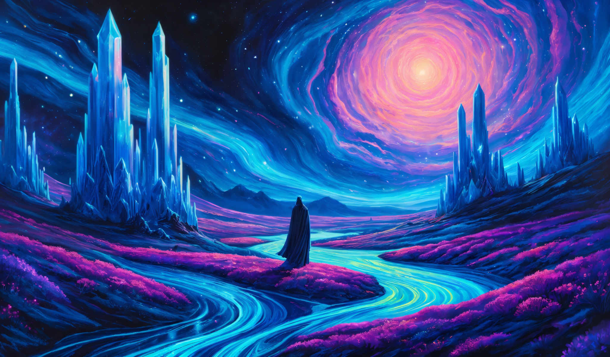 The image showcases a vibrant and surreal landscape. Dominating the scene are tall, crystalline structures that appear to be made of a translucent blue material. These structures are set against a backdrop of a swirling, vividly colored galaxy with hues of pink, blue, and orange. The foreground features a winding river or stream that reflects the colors of the sky and surroundings. The landscape is adorned with lush, purple vegetation that seems to glow under the celestial light. A solitary figure, draped in a cloak, stands on a raised platform, overlooking the entire scene, adding a sense of scale and contemplation to the composition.