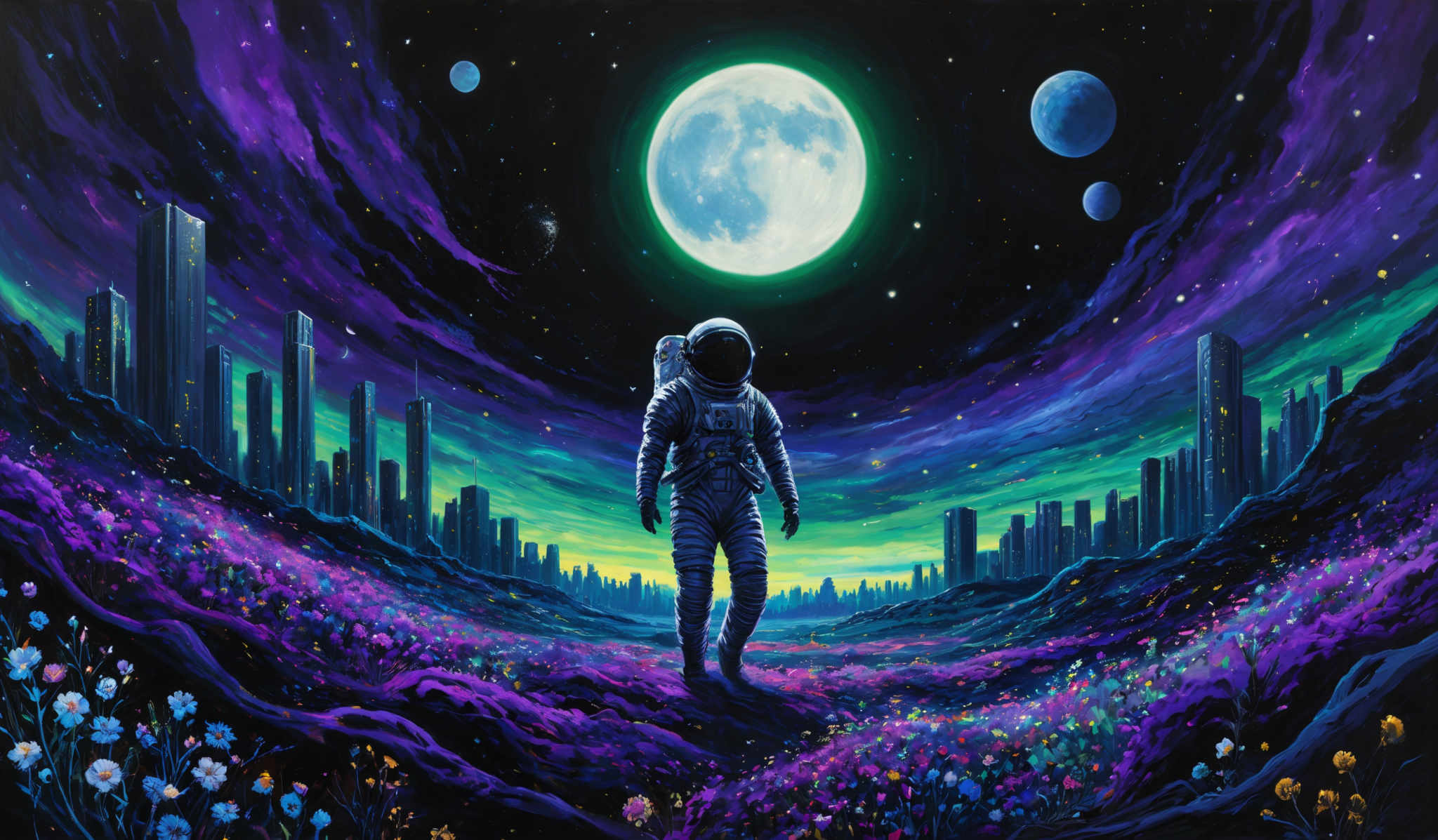 The image showcases a vibrant cosmic landscape. Dominating the background is a large, luminous moon surrounded by smaller celestial bodies. The sky is painted in deep purples and blues, interspersed with bright stars. In the foreground, an astronaut stands amidst a field of colorful flowers, with towering skyscrapers rising in the distance. The city skyline is illuminated, suggesting life and activity within. The overall mood is one of wonder and exploration.