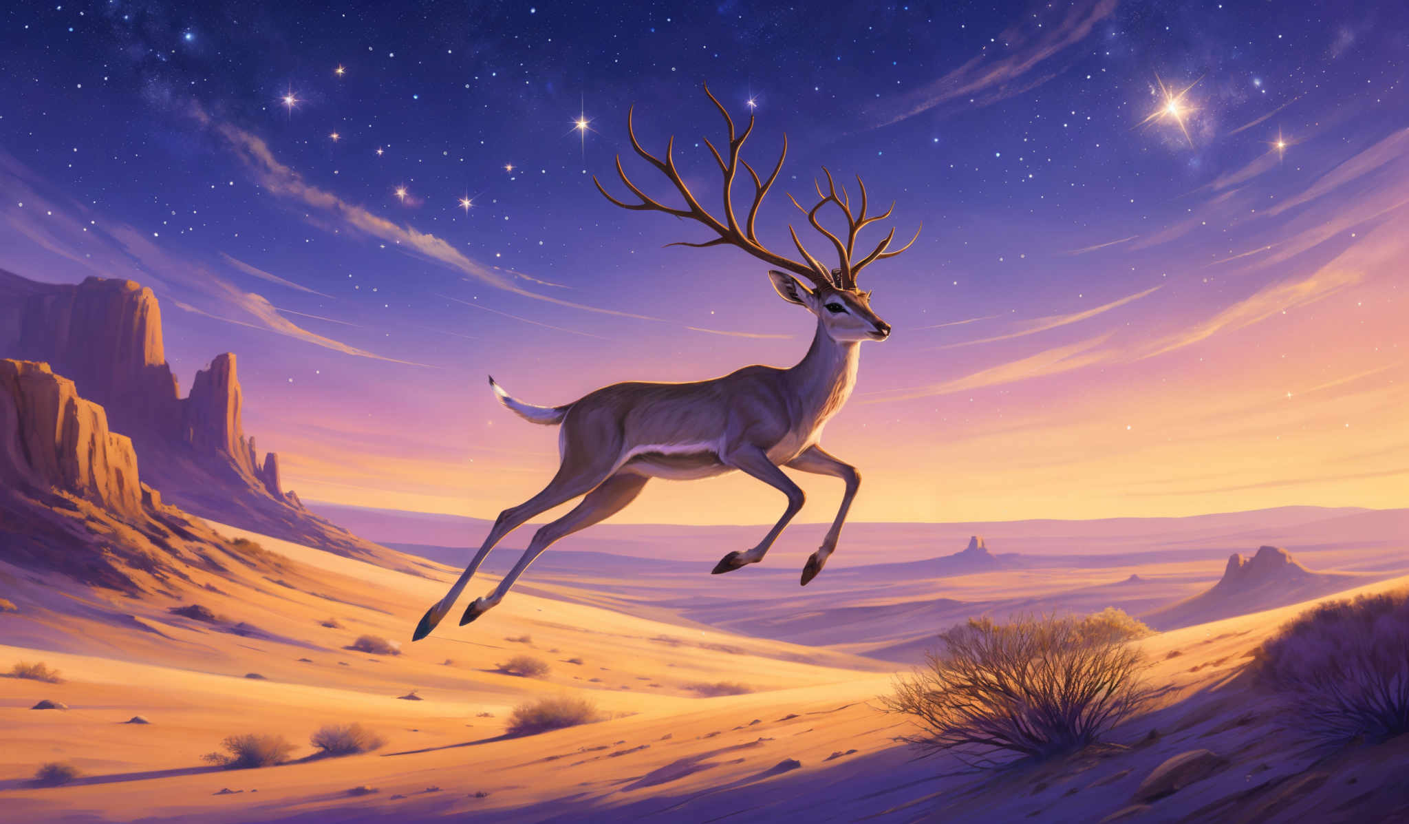 The image showcases a vibrant and surreal landscape. The sky is painted in shades of purple, blue, and pink, dotted with stars and radiant celestial bodies. The ground is a mix of golden and orange hues, representing a desert landscape. Dominating the scene is a majestic deer with large, intricate antlers, leaping gracefully over the desert terrain. The deer's body is a blend of gray and white, and its eyes have a focused gaze. In the background, towering rock formations rise against the horizon, bathed in the warm glow of the setting or rising sun.