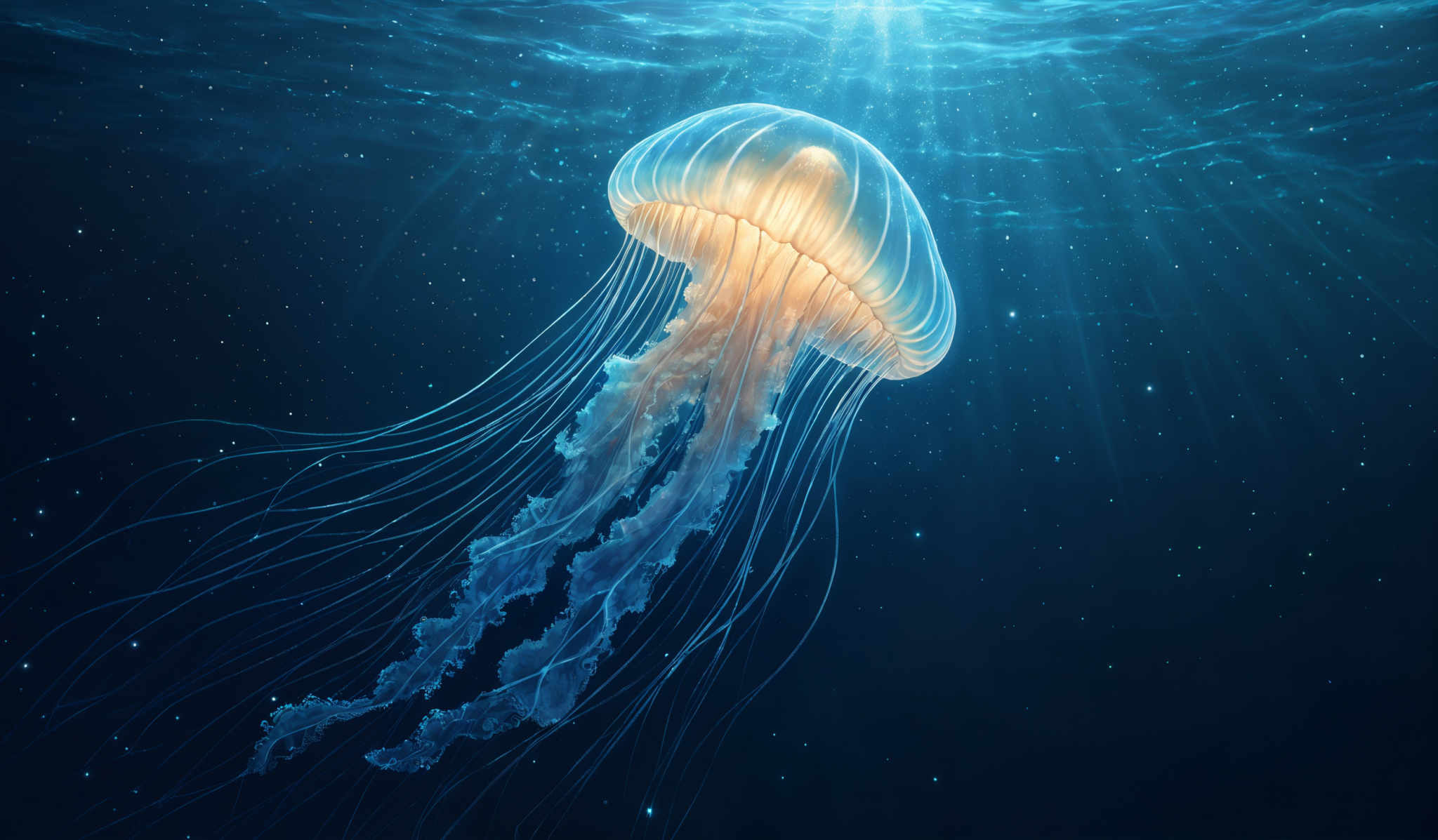 The image showcases a translucent jellyfish floating in a deep blue ocean. The jelly fish has an elongated bell-shaped top with delicate, long tentacles trailing below. The tentacles are illuminated with a soft, warm glow, contrasting with the cooler blue hues of the surrounding water. The ocean's surface is visible in the background, with light rays piercing through, creating a shimmering effect.