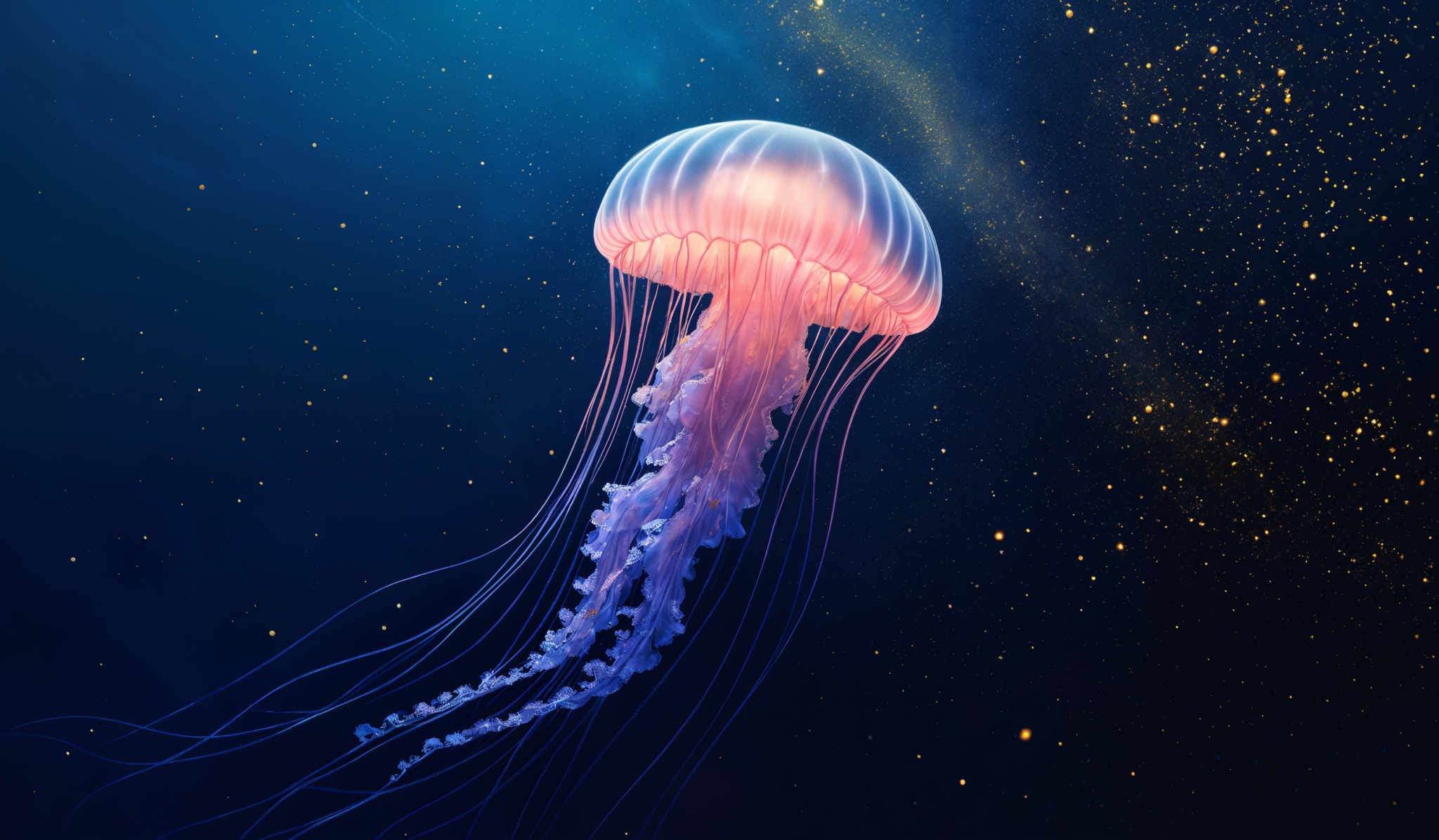 The image showcases a vibrant and mesmerizing depiction of a jellyfish. The jelly fish has a translucent, almost ethereal body with a luminescent pinkish-red hue. Its tentacles are long and delicate, trailing gracefully below. The background is a deep blue, dotted with numerous golden specks, giving the impression of a starry night sky or perhaps a cosmic setting.