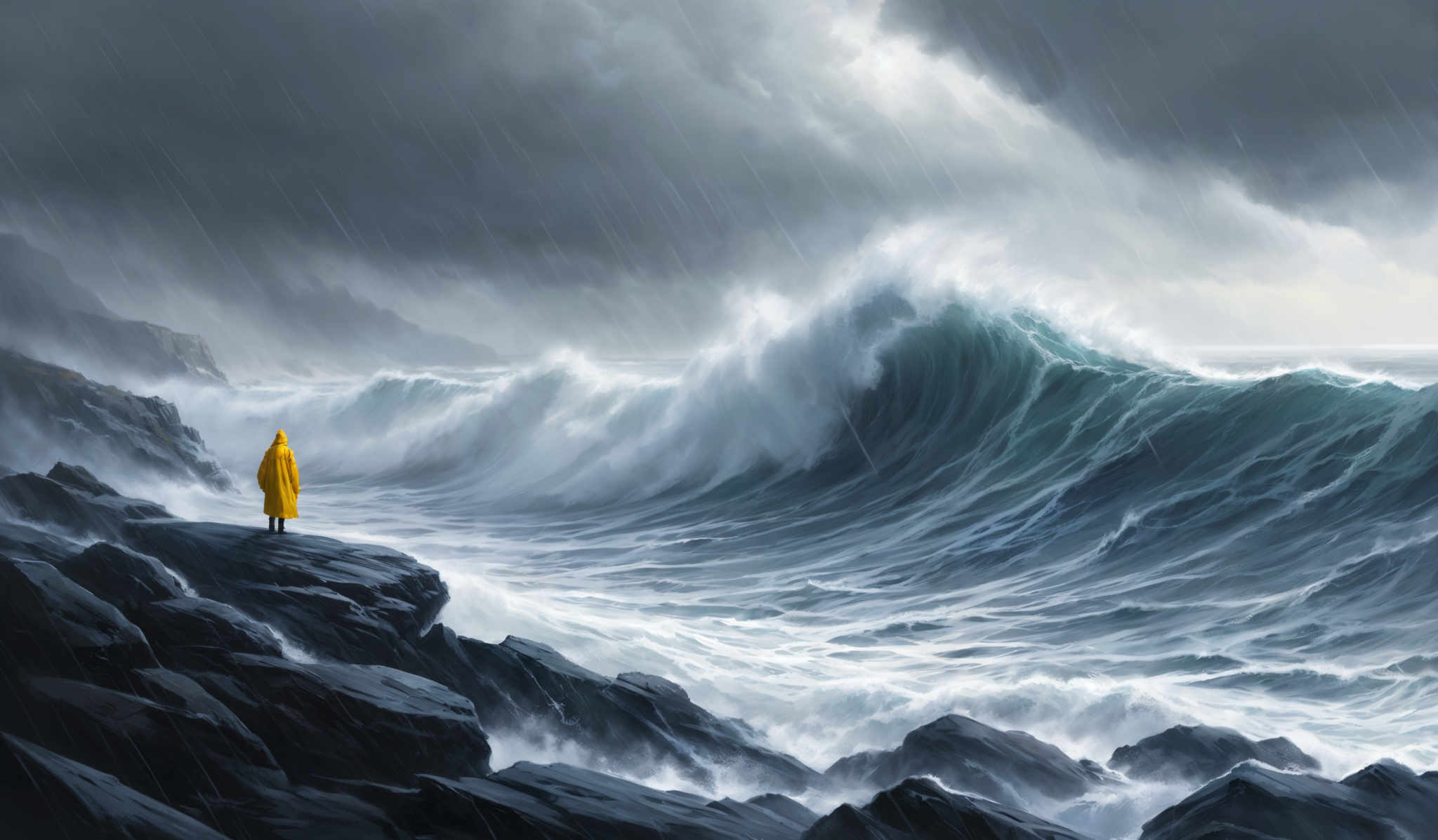 The image showcases a dramatic seascape with dark, stormy clouds overhead. A massive wave, with a beautiful turquoise hue, is crashing onto the rocky shore. The waves are frothy and white, indicating their power and force. The sky is filled with rain, which is falling heavily, creating a sense of impending doom. On the right side of the image, a lone figure stands on the rocks, draped in a bright yellow raincoat. The figure appears to be observing the tumultuous sea, adding a touch of contrast to the scene. The overall mood of the picture is intense, with the vastness of the ocean juxtaposed against the solitary figure.