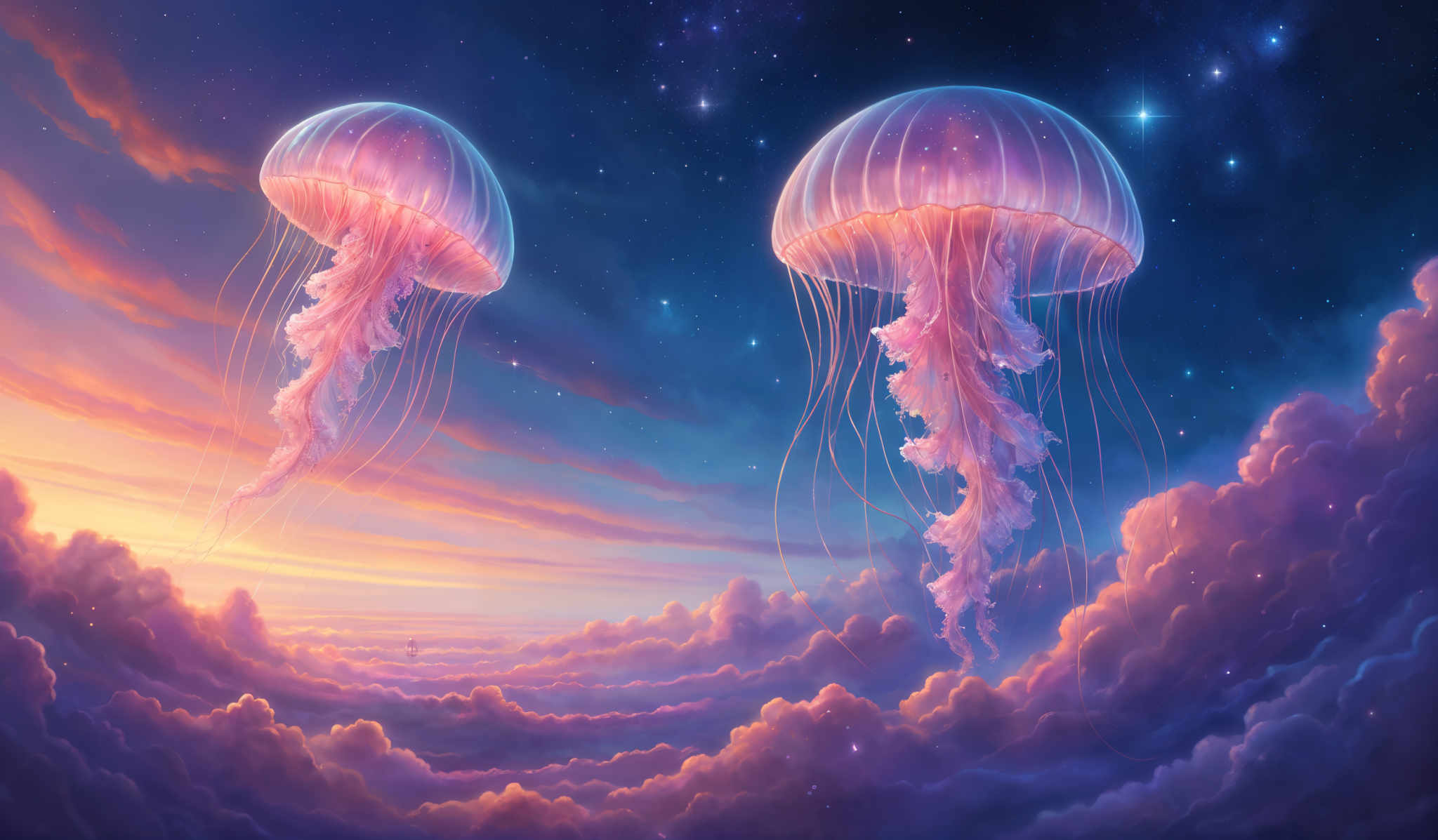 The image showcases a surreal and dreamy scene. The dominant colors are hues of purple, pink, and orange, creating a vivid contrast between the warm and cool tones. The shape of the image is reminiscent of a sunset or sunrise, with a horizon that meets a vast expanse of clouds. Floating above the clouds are two translucent jellyfish, glowing with a soft luminescence. The jelly fish have delicate, long tentacles that cascade downwards, and their bodies appear ethereal and otherworldly. The sky is dotted with stars, adding to the magical ambiance of the scene.