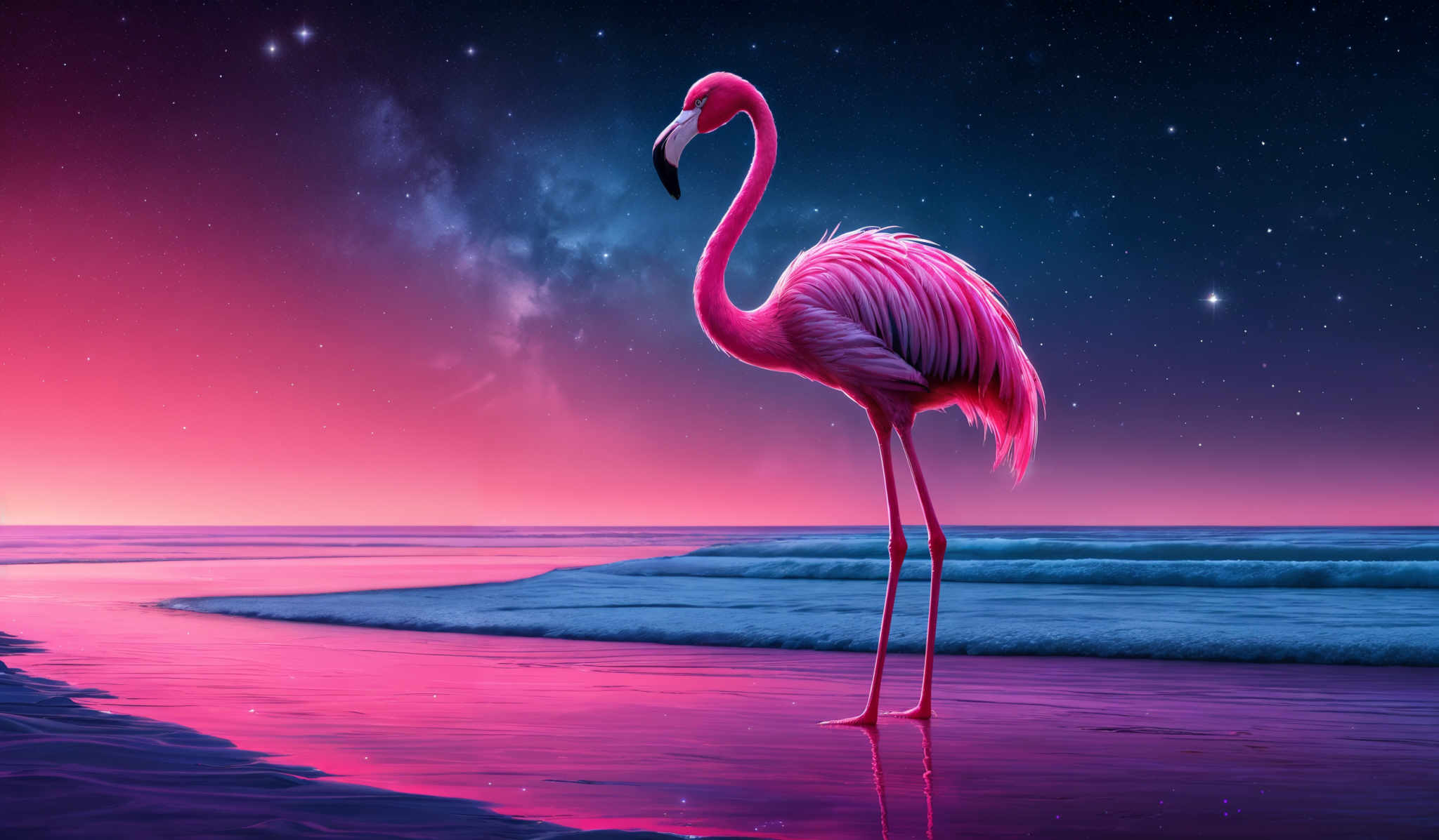 The image showcases a vibrant and surreal scene. The sky is painted in hues of deep blue and pink, with a sprinkling of stars. The Milky Way can be seen, adding to the cosmic ambiance. On the right side, there's a flamingo standing on a wet sandy beach, its reflection shimmering in the water. The flamingos feathers are a vivid pink and white, contrasting beautifully with the cool colors of the beach and the night sky. The waves gently crash on the shore, and the entire scene exudes a dreamy, otherworldly vibe.