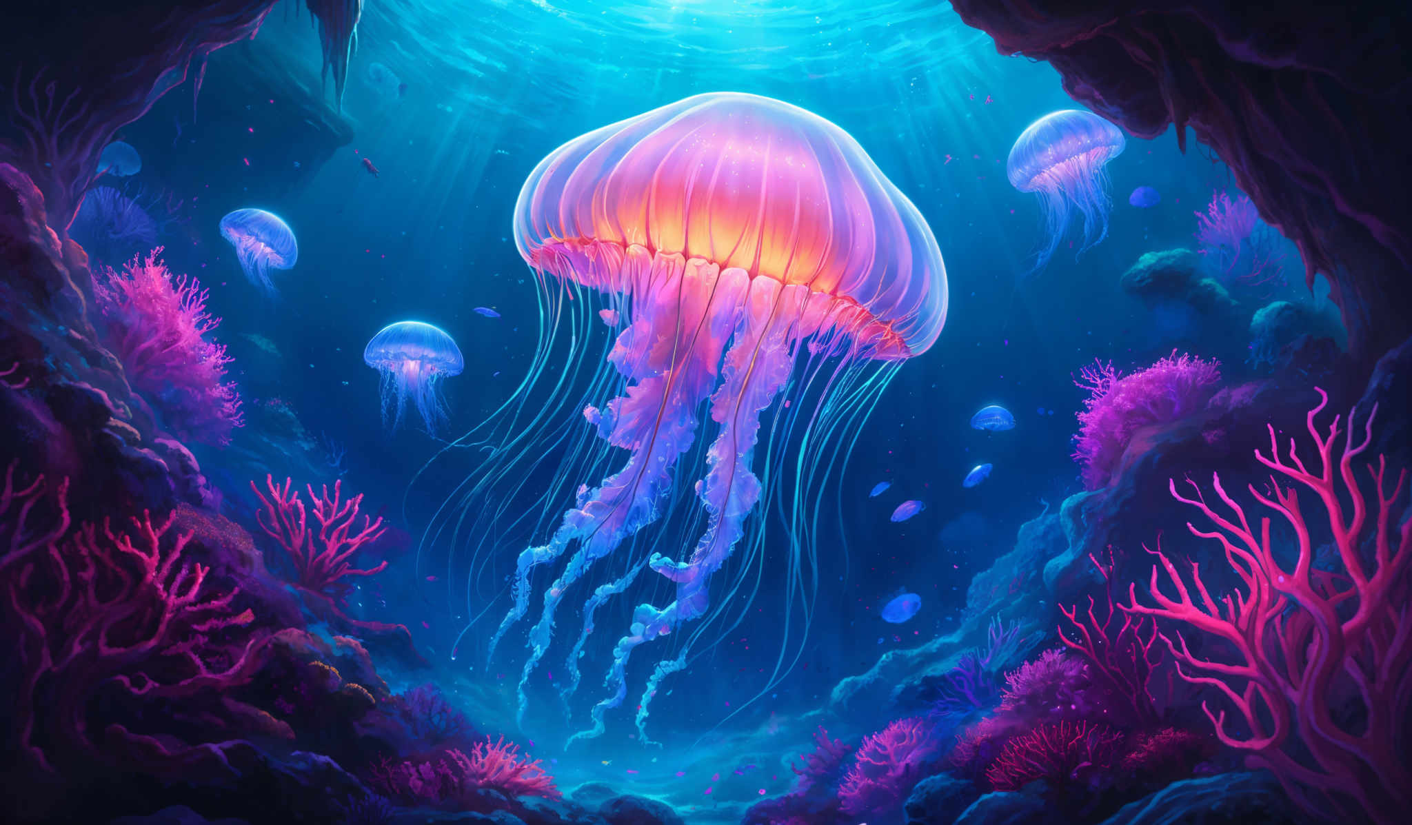 The image showcases a vibrant underwater scene. The dominant colors are shades of blue, pink, and purple. The shape of the main subject is a large, translucent jellyfish with a dome-like top and long, delicate tentacles. Surrounding the jelly fish are smaller fish, and the background features an array of coral formations in various shapes and colors, including red and purplish hues. The light source seems to be coming from above, casting a glow on the jellies and corals, creating a serene and mystical ambiance.