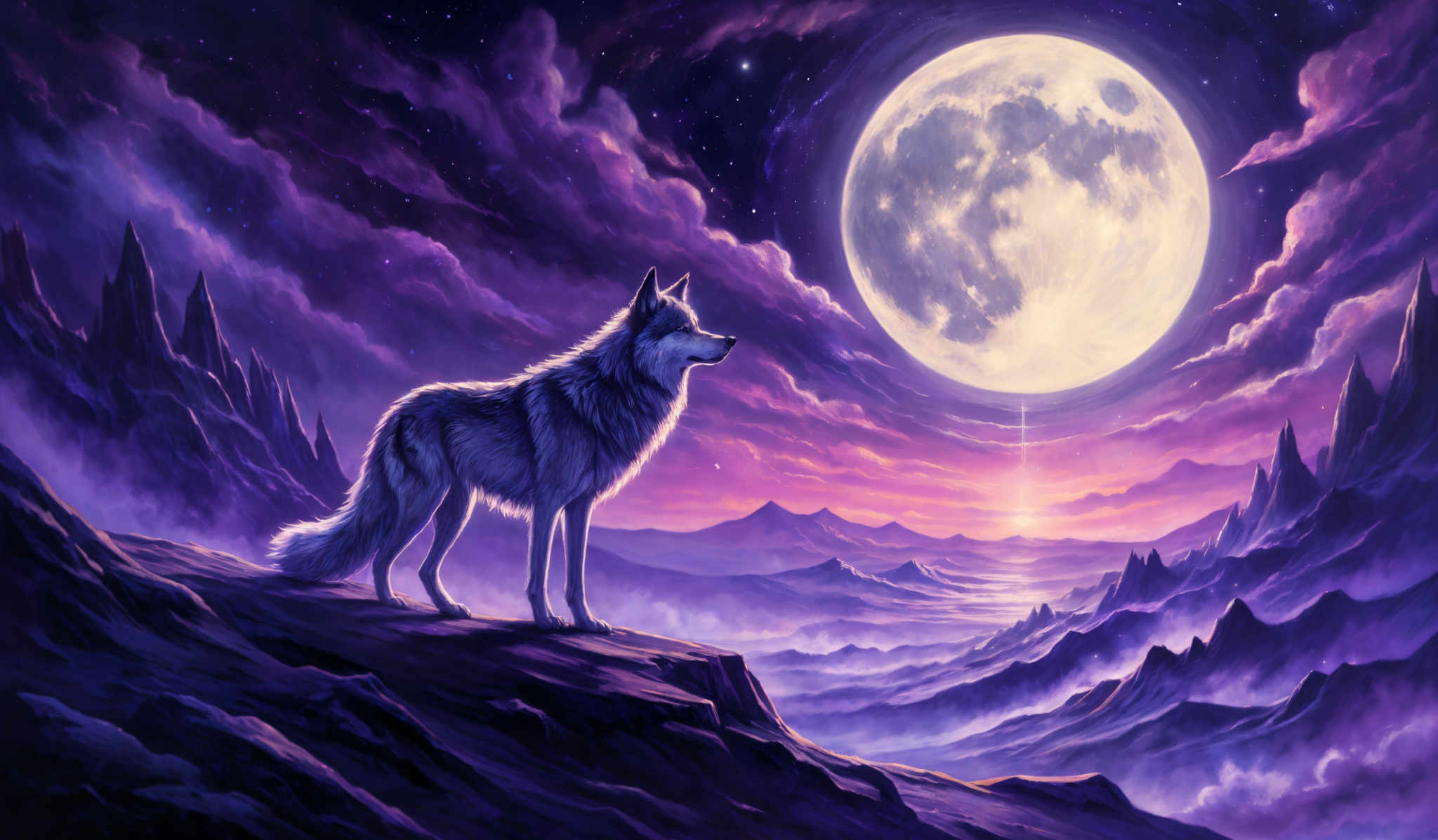 The image showcases a vibrant and ethereal landscape dominated by shades of purple, blue, and pink. A large, luminous moon serves as the backdrop, casting a soft glow over the scene. In the foreground, a majestic wolf stands atop a rocky outcrop, gazing into the distance. The landscape is dotted with jagged mountain peaks, and below them, a misty valley stretches out. The sky is filled with swirling clouds, and a few distant stars can be seen, adding to the mystical ambiance of the scene, which is further accentuated by the play of light and shadow.