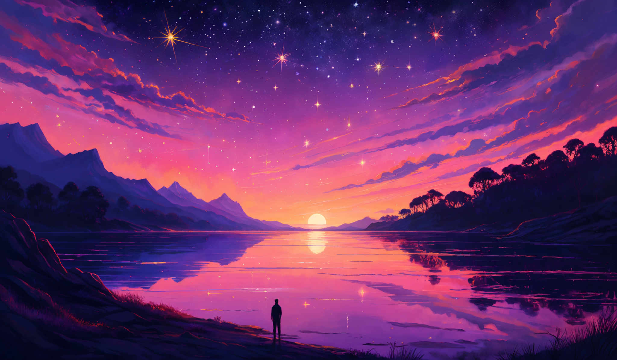 The image showcases a vibrant and mesmerizing landscape during what appears to be either dawn or dusk. The sky is painted in hues of purple, pink, and orange, with a sprinkling of stars and a radiant moon. The clouds are a mix of deep purple and orange shades, adding depth and dimension to the scene. Below, there's a serene body of water reflecting the colors of the sky. On the left, there are silhouettes of mountains, and on the right, a dense forest can be seen. In the foreground, a solitary figure stands by the water's edge, gazing at the horizon, adding a sense of contemplation and solitude to the image's ambiance.