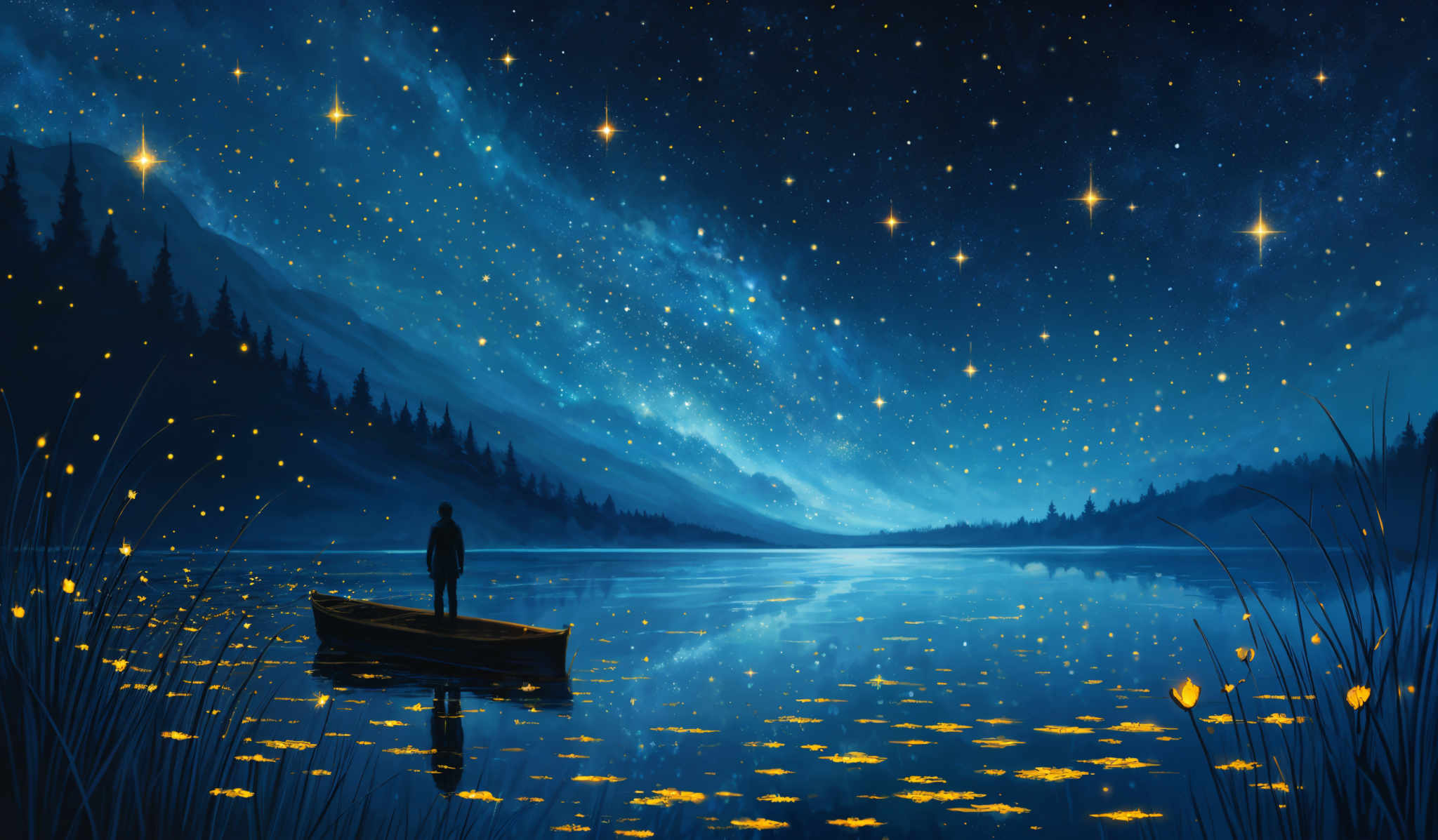 The image showcases a serene nighttime landscape. The dominant colors are deep blues and blacks, representing the night sky filled with stars. The Milky Way can be seen, adding a sense of vastness and wonder. The landscape features a mountain range on the left, with trees silhouetted against the sky. In the foreground, there's a calm body of water reflecting the stars and the mountains. A lone figure stands on a boat, adding to the sense of solitude. The water is speckled with glowing yellow lily pads, adding an element of magic to the scene.