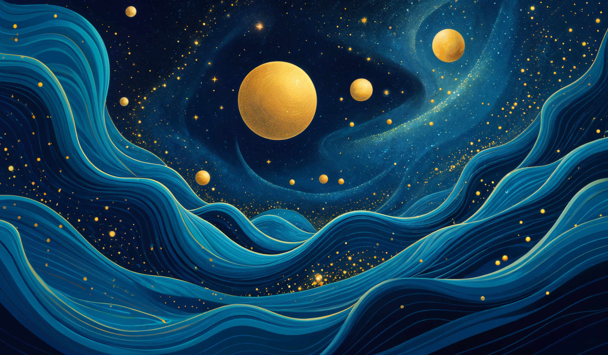 The image showcases a mesmerizing cosmic scene with a deep blue background filled with stars. Dominating the scene are wavy, flowing blue patterns that resemble waves or mountains. These patterns are interspersed with several golden spheres, possibly representing planets or celestial bodies. The overall color palette is a blend of deep blues and golds, creating a sense of wonder and mystery.