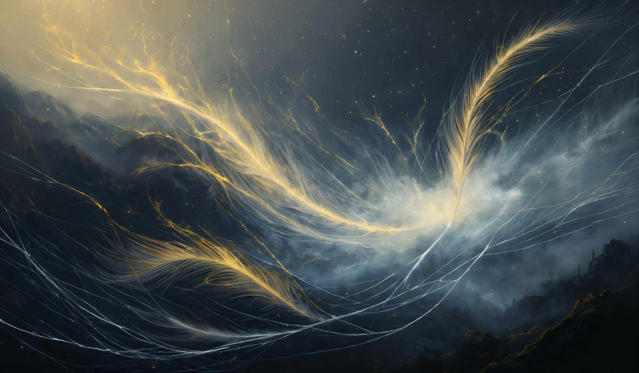 The image showcases a vibrant and ethereal scene. Dominated by deep blues and golden hues, it features swirling patterns that resemble feathers or tendrils. These patterns are intertwined with golden streaks that seem to radiate light, giving the image a celestial or otherworldly feel. The background is dark, with hints of misty mountains and a sprinkling of golden specks that could be interpreted as stars or distant lights.