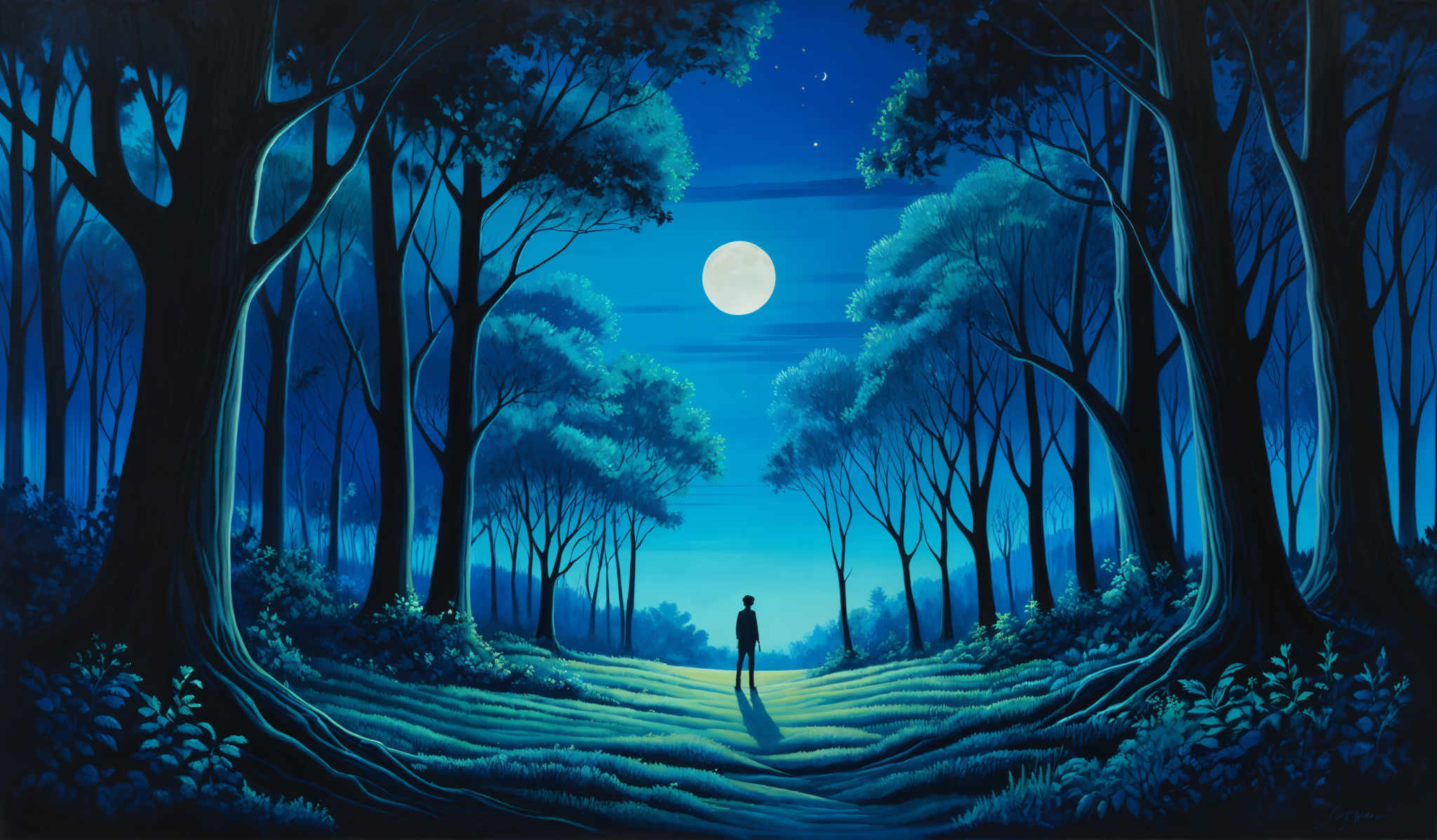 The image showcases a serene nighttime scene in a forest. The dominant colors are shades of blue, ranging from deep navy to lighter hues, creating a cool and tranquil ambiance. The trees, with their gnarled trunks and sprawling branches, dominate the foreground and middle ground, their leaves illuminated by the moonlight. The moon itself is a bright, almost full circle, casting a gentle glow over the forest. In the distance, a silhouette of a person stands, looking up at the sky, adding a touch of mystery and contemplation to the scene. The ground is covered with grass and foliage, and there are faint stars scattered across the sky.