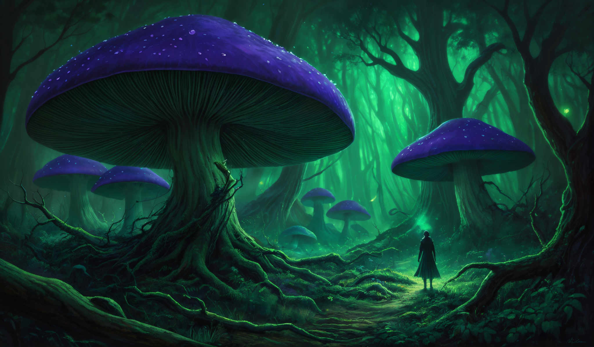 The image showcases a vibrant and mystical forest scene. Dominating the scene are large, vividly colored mushrooms with a deep purple cap and lighter spotted underside. These mushroom giants tower over the surrounding environment, with their sturdy stems and intricate root systems. The forest itself is enveloped in a greenish haze, giving it an ethereal and dreamlike quality. Tall, twisted trees with gnarled branches fill the background, their silhouettes contrasting against the luminescent green light filtering through the canopy. A solitary figure, possibly a human, stands on a pathway, gazing up at the towering mushrooms, adding a sense of scale and wonder to the scene.