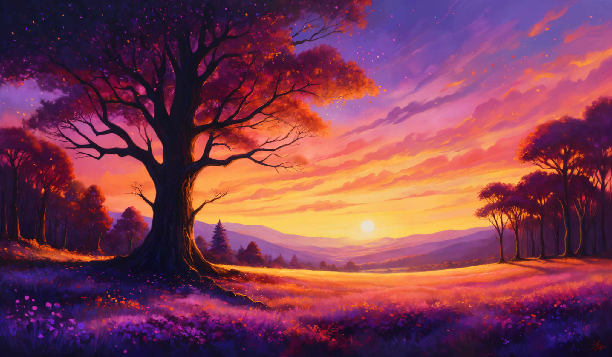 The image showcases a vibrant and colorful landscape during sunset. Dominating the scene is a large, majestic tree with sprawling branches, set against a backdrop of a radiant sunset sky. The sky is painted in hues of purple, pink, and orange, with swirling clouds and a few scattered stars. The tree's leaves are a fiery shade of red and orange. Below the tree, the ground is carpeted with a meadow filled with purple and pink flowers, and the distant horizon reveals rolling hills and mountains.