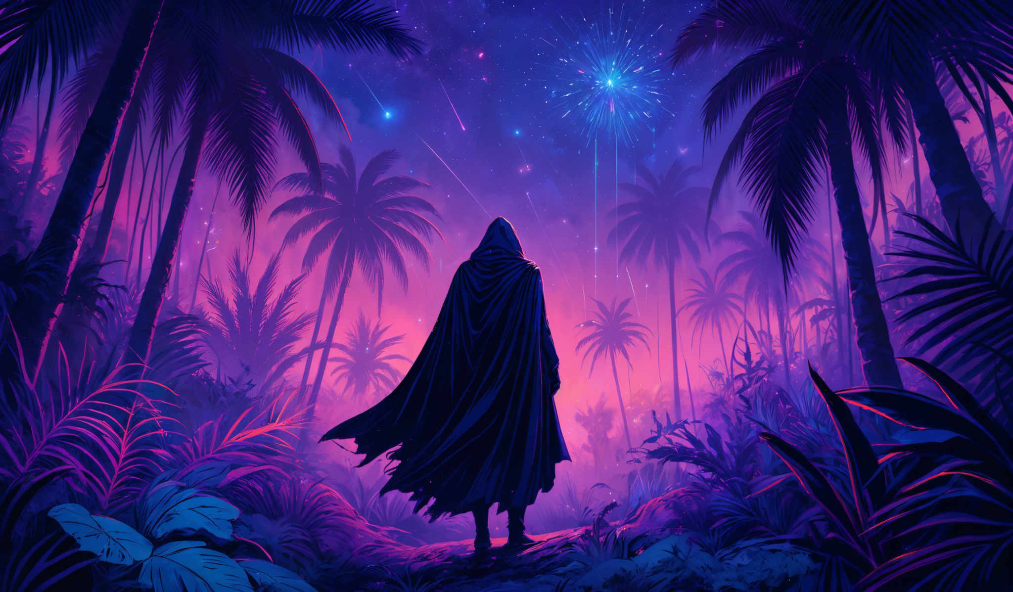 The image showcases a vibrant and colorful scene set in a tropical jungle at night. The dominant colors are shades of purple, blue, and pink, creating a surreal and dreamy atmosphere. The junglescape is filled with tall palm trees, ferns, and other tropical plants. A central figure, draped in a cloak, stands with their back to the viewer, gazing up at a bright, starry sky filled with shooting stars. The overall mood of the image is one of wonder, mystery, and contemplation.