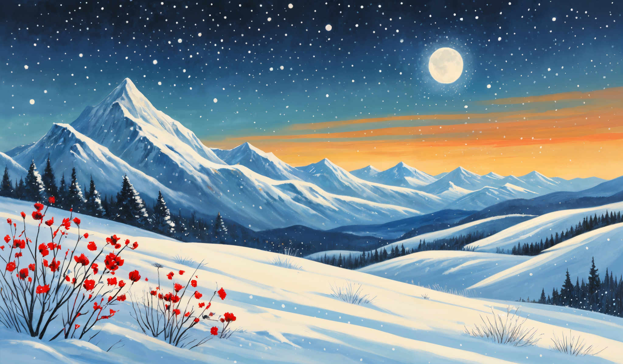 The image showcases a serene winter landscape. Dominating the scene are snow-covered mountains with sharp peaks. The sky is painted in hues of deep blue, transitioning to a lighter shade near the horizon, where a full moon is visible. Snowflakes are scattered throughout the sky, and the ground is blanketed in white snow. In the foreground, there's a cluster of red berries or flowers, providing a stark contrast to the cold surroundings.