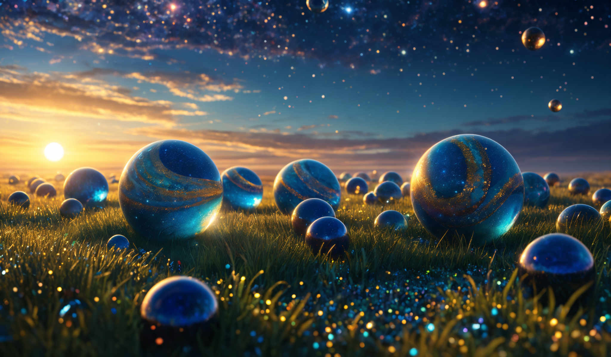 The image showcases a mesmerizing landscape with a vast field of grass that is illuminated by a golden sunset. The grass is dotted with numerous glowing orbs of varying sizes, some of which are translucent and others have a glossy finish. These orbs exhibit a swirling pattern of blue and gold, reminiscent of galaxies or celestial bodies. Above the field, the sky is painted with hues of blue, purple, and gold as it transitions from day to night. The sky is also dotted by numerous stars, adding to the otherworldly ambiance of the scene.