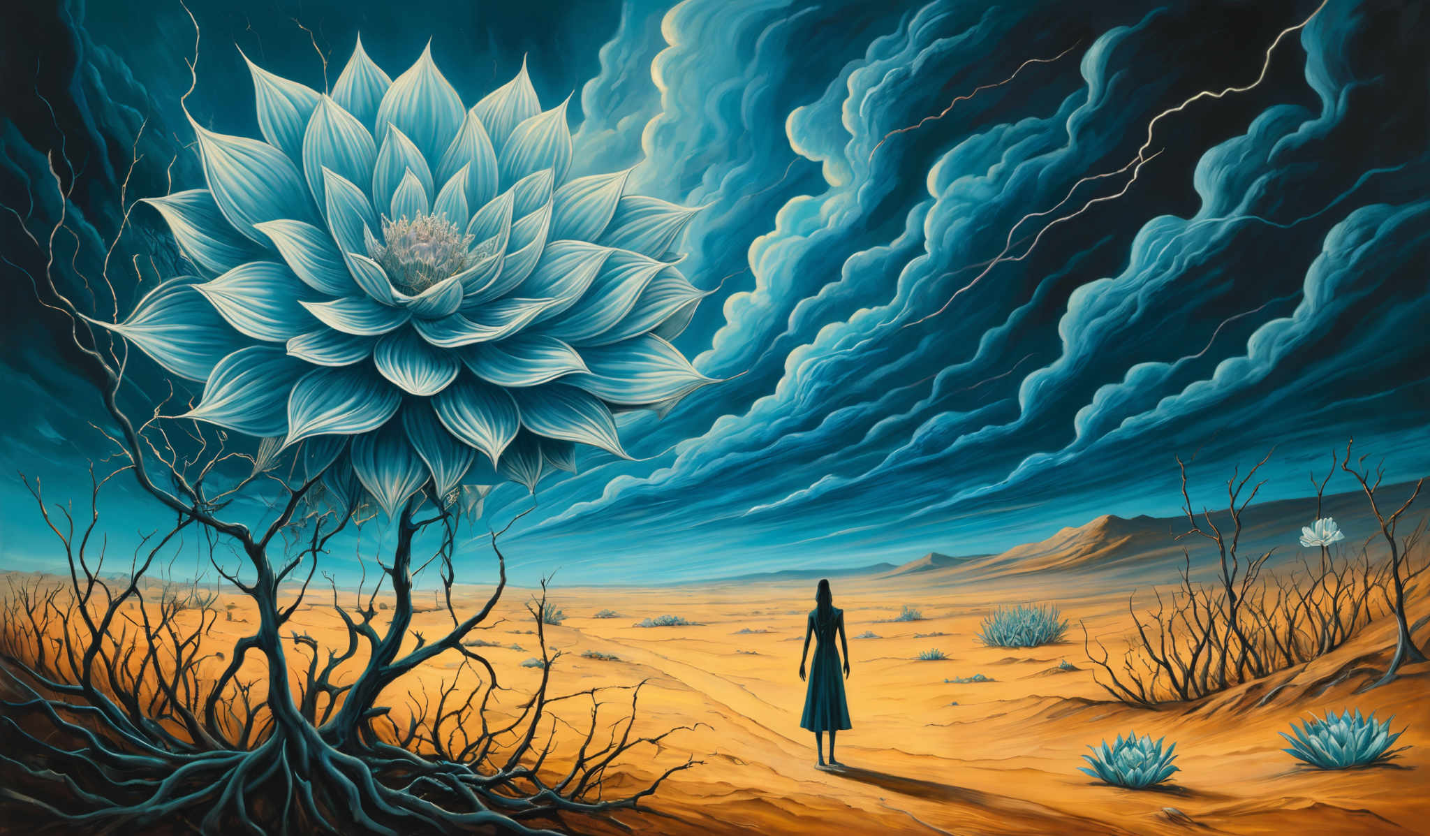 The image predominantly features a rich palette of blues, oranges, and browns. The sky is painted with swirling, turbulent clouds in varying shades of blue, with streaks of white lightning cutting through them. On the right side, there's a large, detailed depiction of a blue flower with intricate petals and a pinkish center. The landscape below is a barren desert with golden sand, dotted with sparse vegetation. A lone figure, possibly a woman, stands in the distance, gazing at the vast horizon. The figure is dressed in a long, flowing dress and is casting a shadow on the ground. The ground itself is interspersed with dead, leafless trees and a few blue flowers that seem to be the only sources of color in the otherwise desolate landscape.