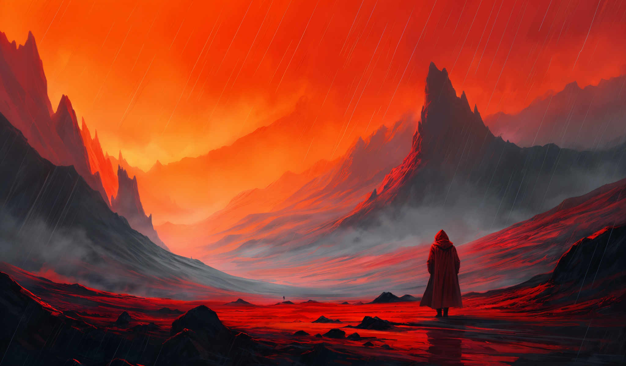 The image showcases a dramatic landscape dominated by towering, jagged mountains. The sky is awash with a fiery orange hue, suggesting either a sunrise or sunset. Rain is pouring down, creating streaks across the scene. In the foreground, a lone figure draped in a red cloak stands, gazing into the distance. The ground is rugged, with pockets of water reflecting the fiery sky. The overall mood of the image is one of solitude, contemplation, and awe.